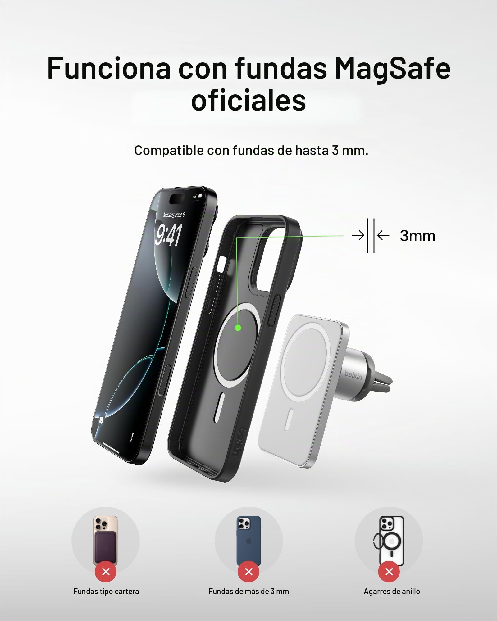 Belkin MagSafe - Soporte de teléfono para ventilación Pro-MagSafe para Accesorios de Coche, Soporte magnético para teléfono de Coche, Soporte magnético para iPhone 14, iPhone 13, iPhone 12 Pro MAX,