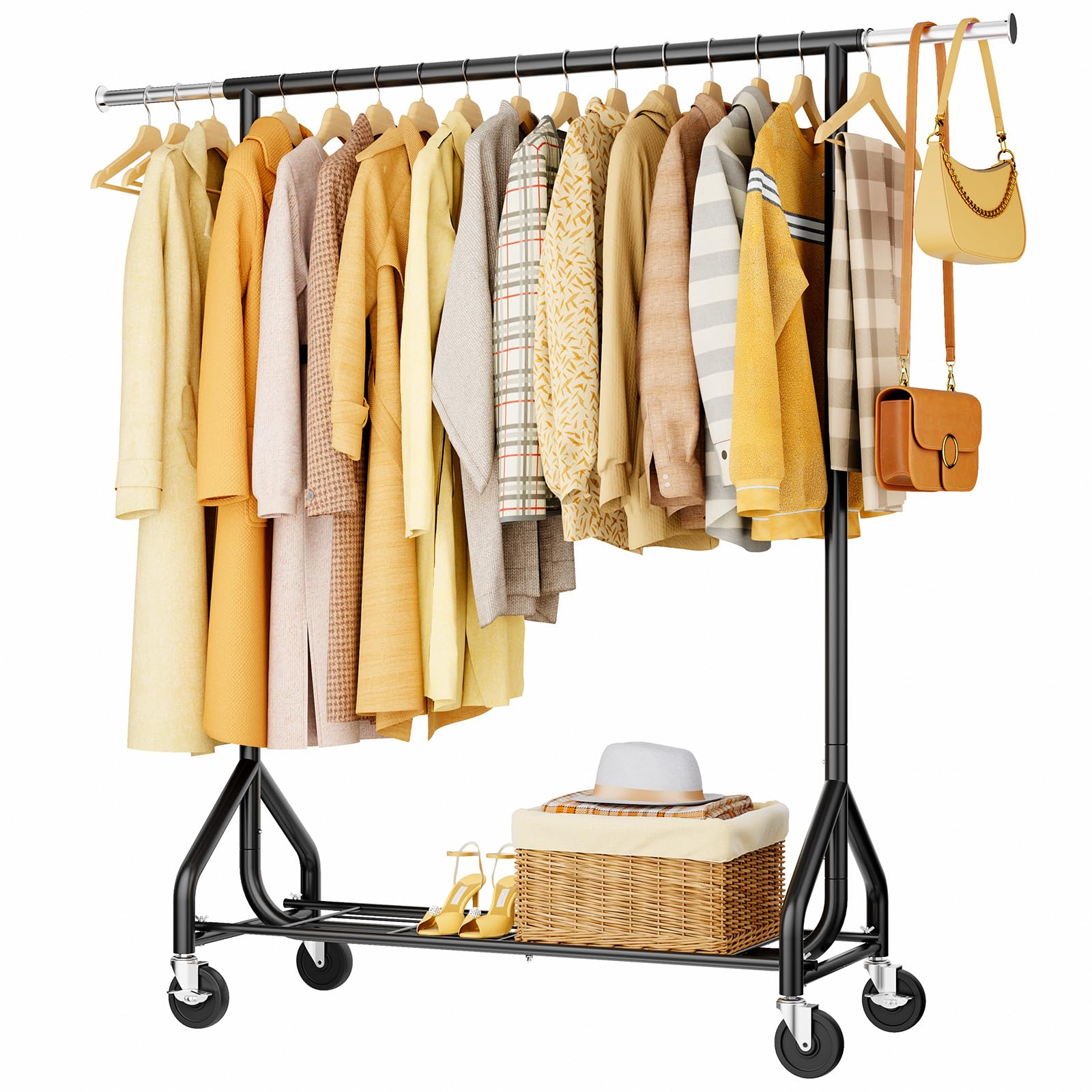 Heavy-Duty 450LBS Capacity Metal Clothes Rack Rolling Clothing Rack with Wheels & Shelves, Portable Standing Wardrobe Rack for Hanging Clothes, Black