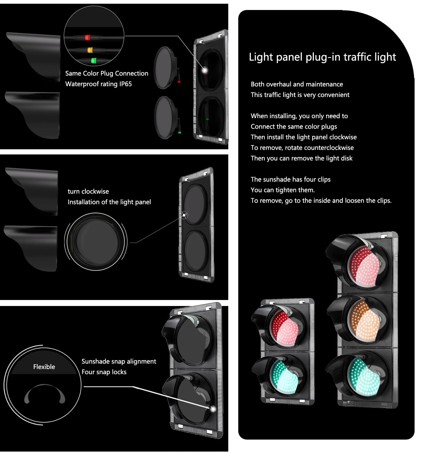 Luz de freno, luz de tráfico LED impermeable for PC, CC 12 V, CC 24 V, CA 220 V, luz de tráfico de 400 mm (16 in), módulo triple y doble, for garaje, carretera, muelle, decoración y más(DC24V,Three mo