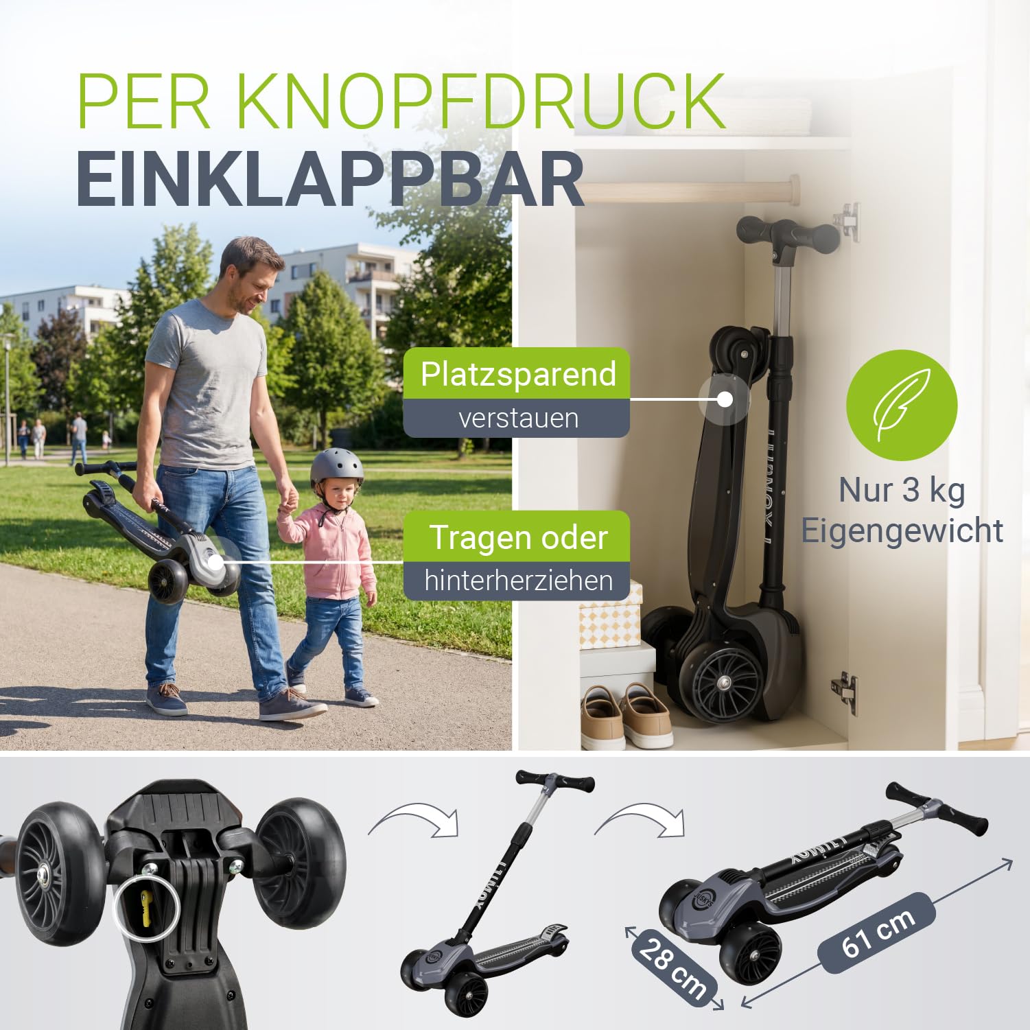 JUSKYS® Kinderroller Lumox Schwarz/Rosa/Blau - LED-Rollen, höhenverstellbarer Kinderscooter, klappbar & Hinterradbremse, Dreiradscooter