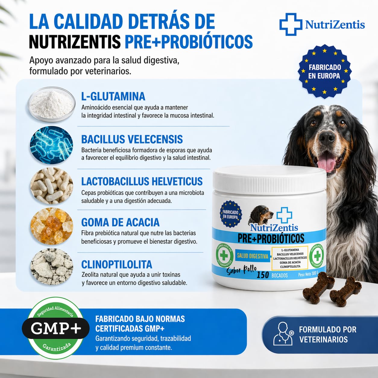 Probioticos Perros 150 Uds Repara Flora Intestinal del Perro Refuerza Sistema inmunologico Probióticos para Perros|Fabricados en Europa| 150 Masticables Sabor Pollo