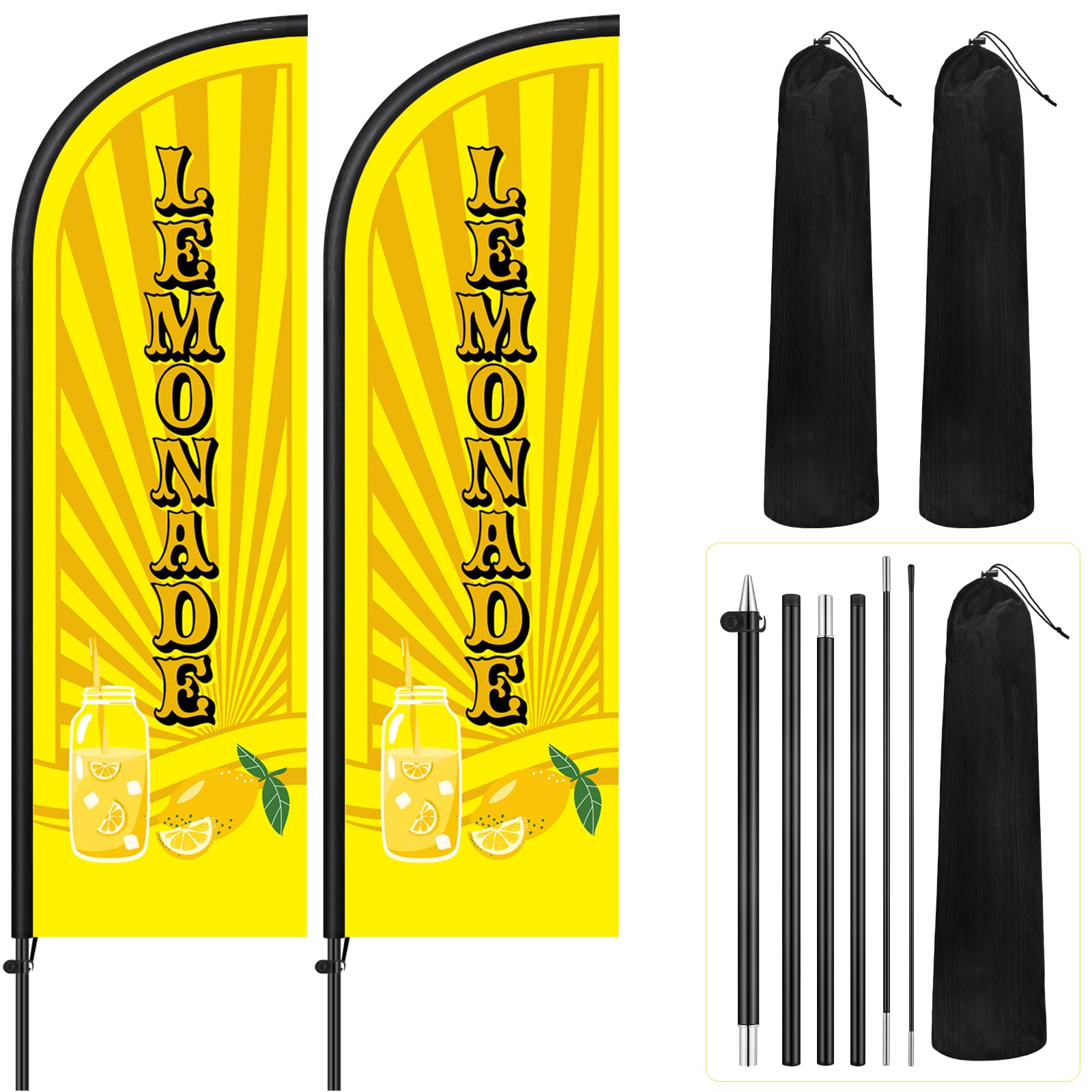 Remagr 2 Pack Lemonade Feather Flag 7 ft Advertising Swooper Flag Sign Windless Lemonade Banner with Pole Kit and Ground Stake for Businesses Restaurants Outside Ground(Yellow)