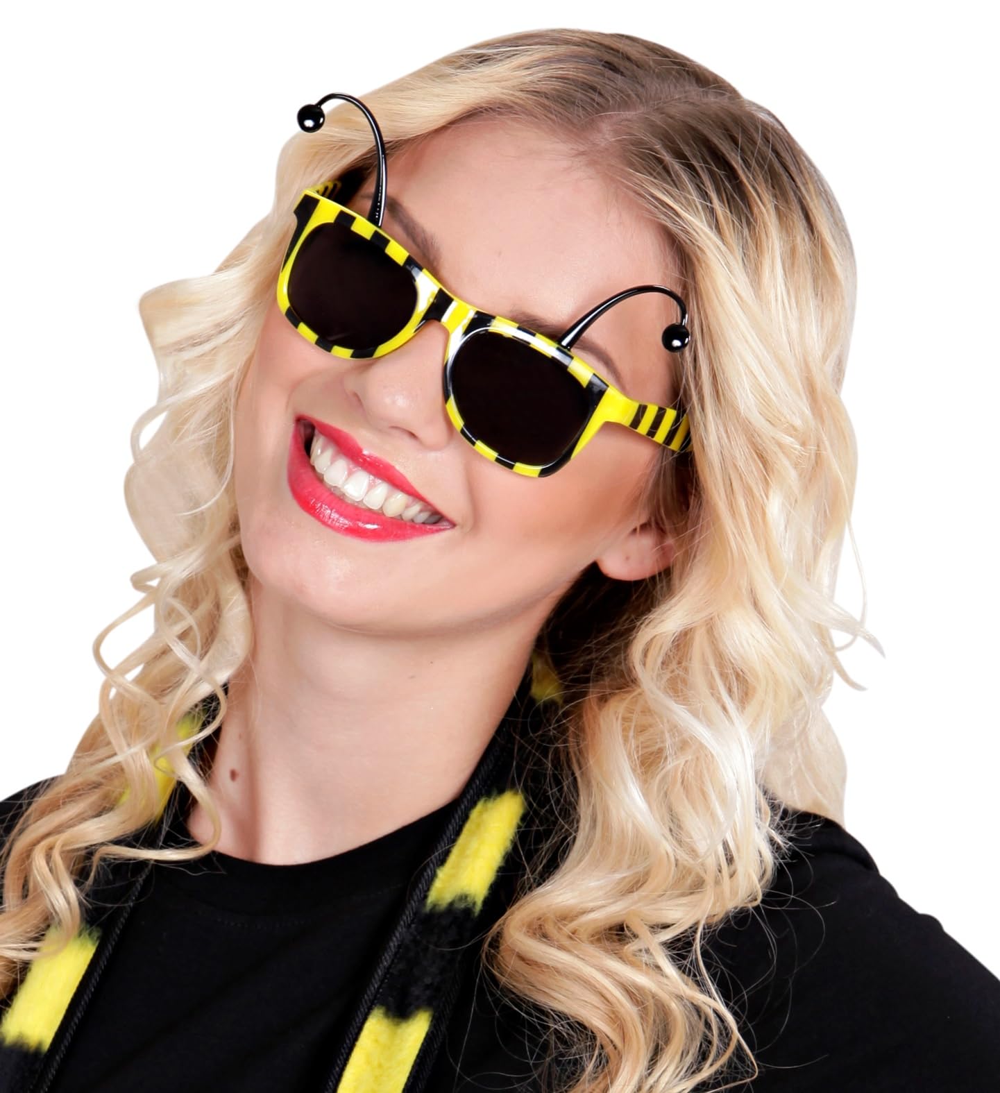 Mega_Jumble® Adults Bumble Beauty Bumble Bee Ladies Yellow and Black Tripes Women Fancy Dress Kit Fingerless Gloves + Bee Glasses with Antennas - Image 4