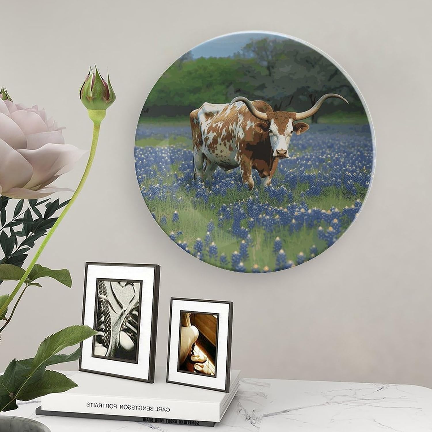 Ceramic Decorative Plate Bluebonnet Longhorn Printed Bone China Decorative Plate Decorative Plate Crafts Ceramic Dinner Plate with Stand for Home Kitchen Bedroom 8inch
