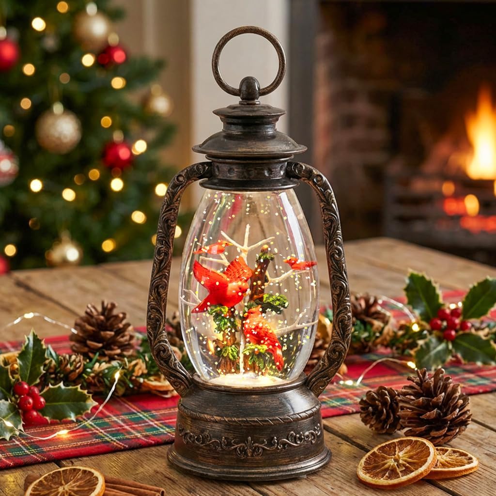 12" Christmas Snow Globe Lantern, Red Bird Music Box, Spinning Snowflake Glitter Water Lamp, USB and Battery Powered Christmas Decoration