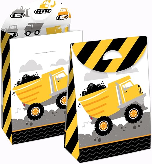 Big Dot of Happiness Dig It - Construction Party Zone - Baby Shower or Birthday Gift Favor Bag - Party Goodie Boxes - Set of 12
