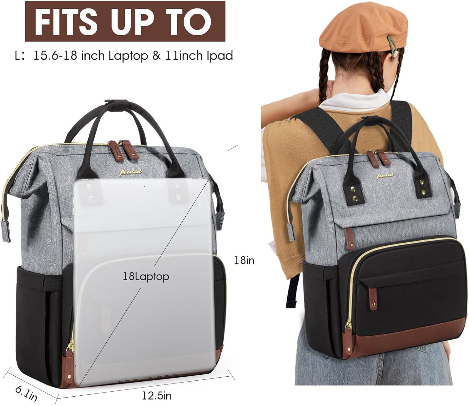 Laptop Backpack for Womem Work Bags: 18 Inch Travel BackPacks With USB Charging Port Anti Theft Durable Back Pack Fashion College BookBag Purse Bussiness Daypack for Nurse Teacher Black Grey Brown - Image 3