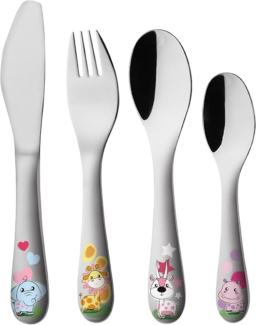 EXZACT Childrens Cutlery 4pcs Set Stainless Steel/Kids Cutlery/Toddler Utensils/Flatware - 1 x Fork, 1 x Safe Dinner Knife, 1 x Dinner Spoon, 1 x Dessert Spoon with Illustrations (WF712P)