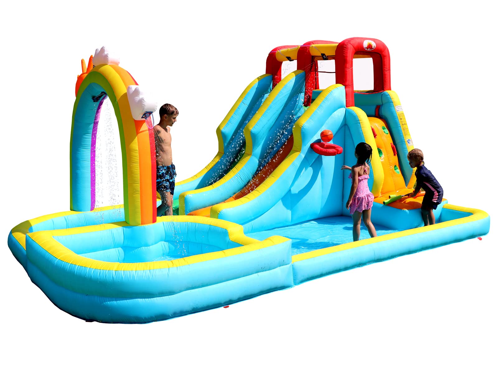 WELLFUNTIME Inflatable Water Double Slides Park with Blower, Bouncy Castle with Rainbow Water Curtain, with Shooting and Rock Climbing