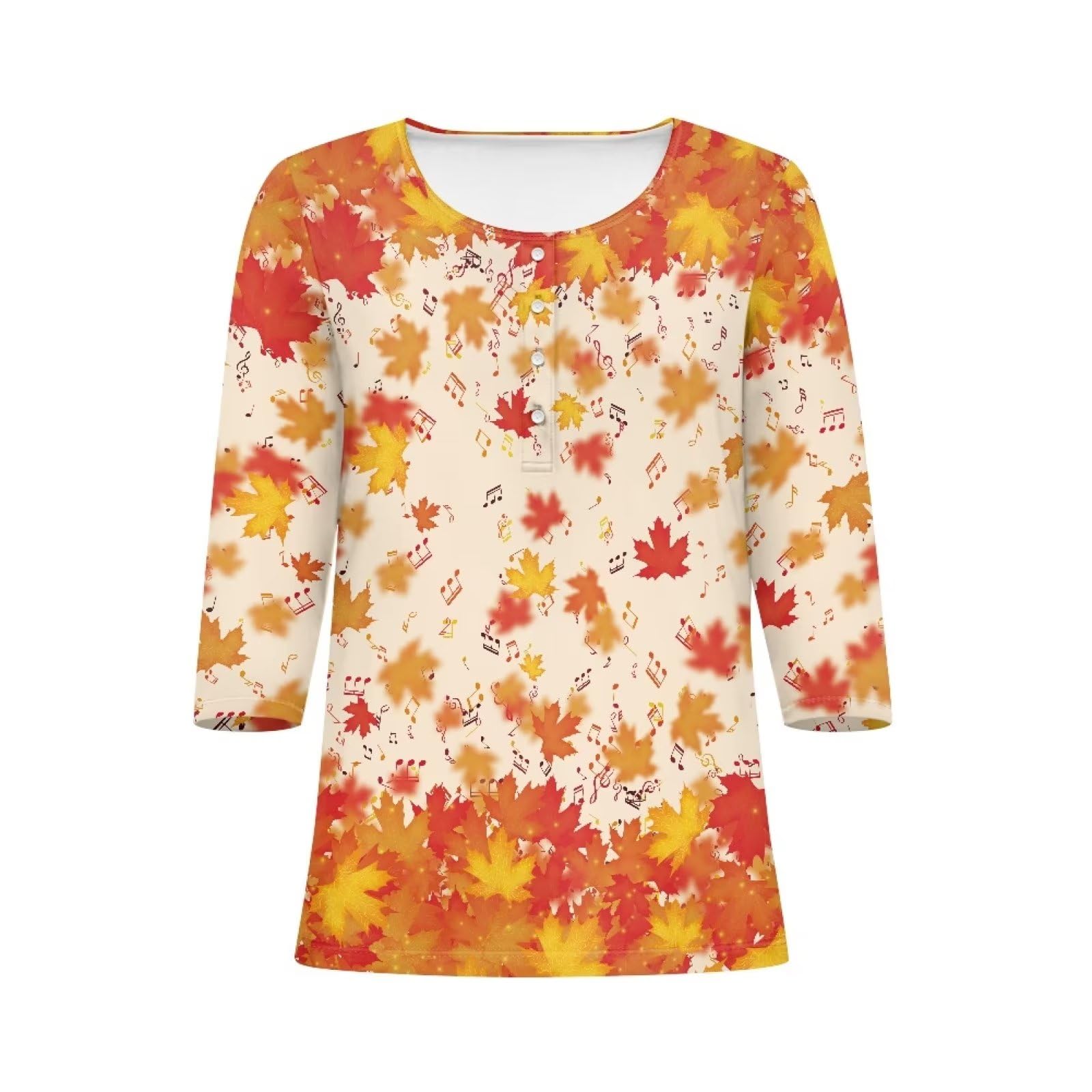 Poceacles Fall Maple Leaf Print Womens Tops 3/4 Sleeve Crewneck Cute Button up Shirts Casual T Shirt Summer Pullover Spring Fall Outfits Workout Yoga Tees, M