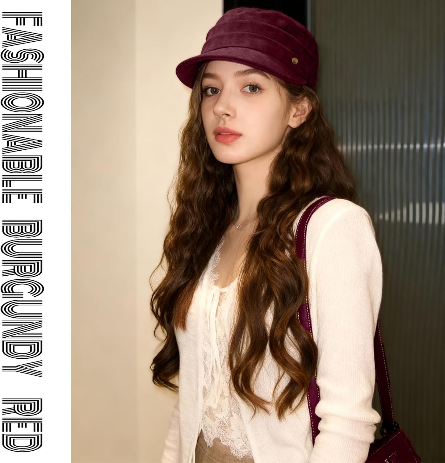 Women's Suede Flat Top Newsboy Cap - Soft Brim & Hook - and - Loop Adjustment - Fall Winter Cabbie Paperboy Hats - Image 2