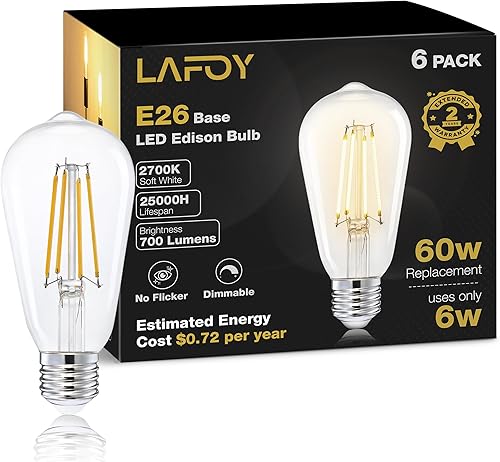 Bombillas LED Edison de 60 W regulables, bombilla vintage E26 blanca suave, 2700 K, ST58, estilo antiguo, 60 W, base media, 6 W, 700 lúmenes, 120 V,