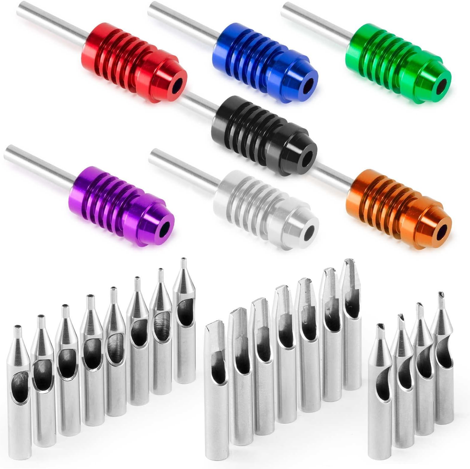 Rehab Ink 21 Stainless Steel Tattoo Tips Set with 7 Aluminum Ringed Grips
