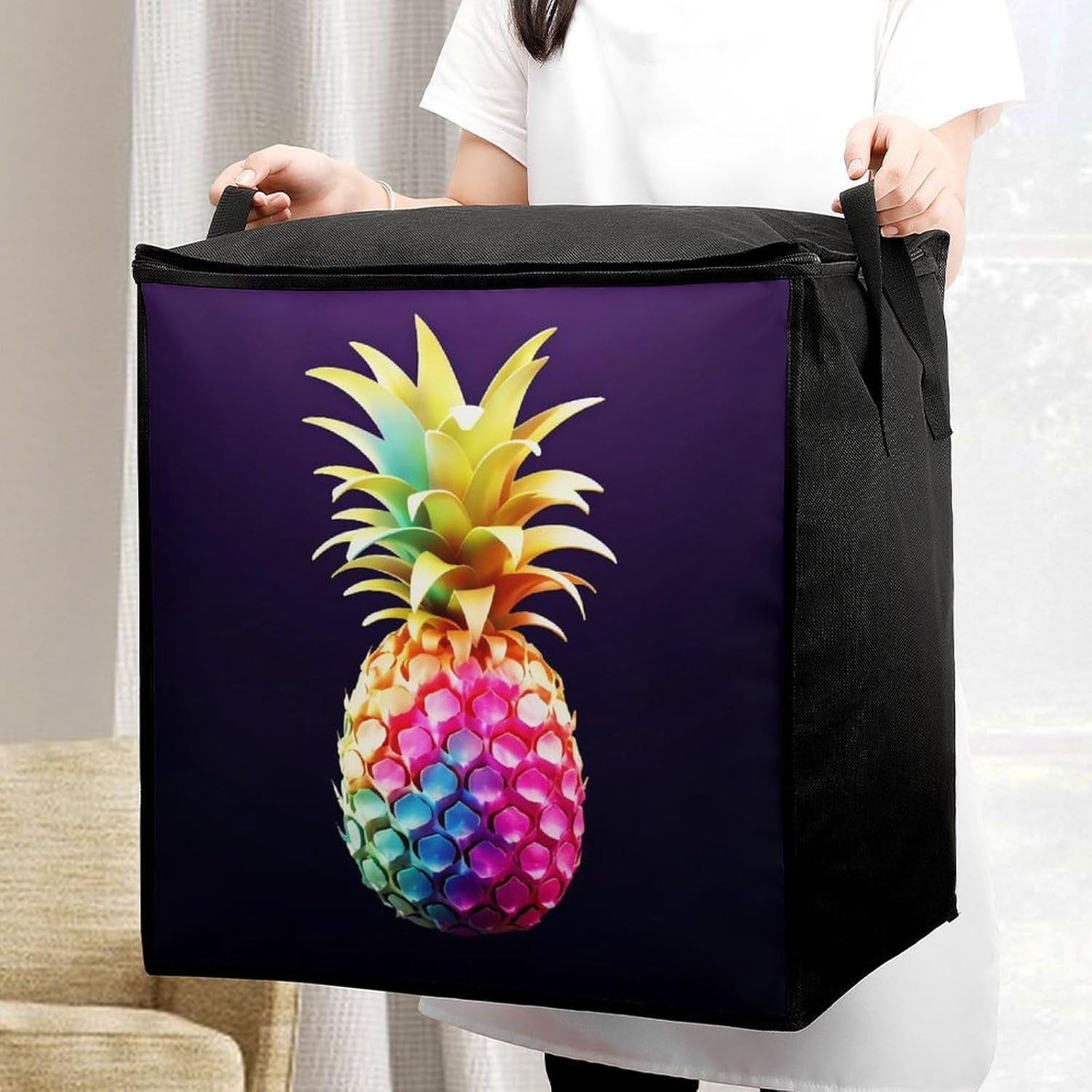 Quilt Storage Bag,Colorful Pineapple Printed Large Foldable Storage Container Portable Travel Storage Bag for Blankets, Quilts, Clothes, Comforter, Bedding And Pillows