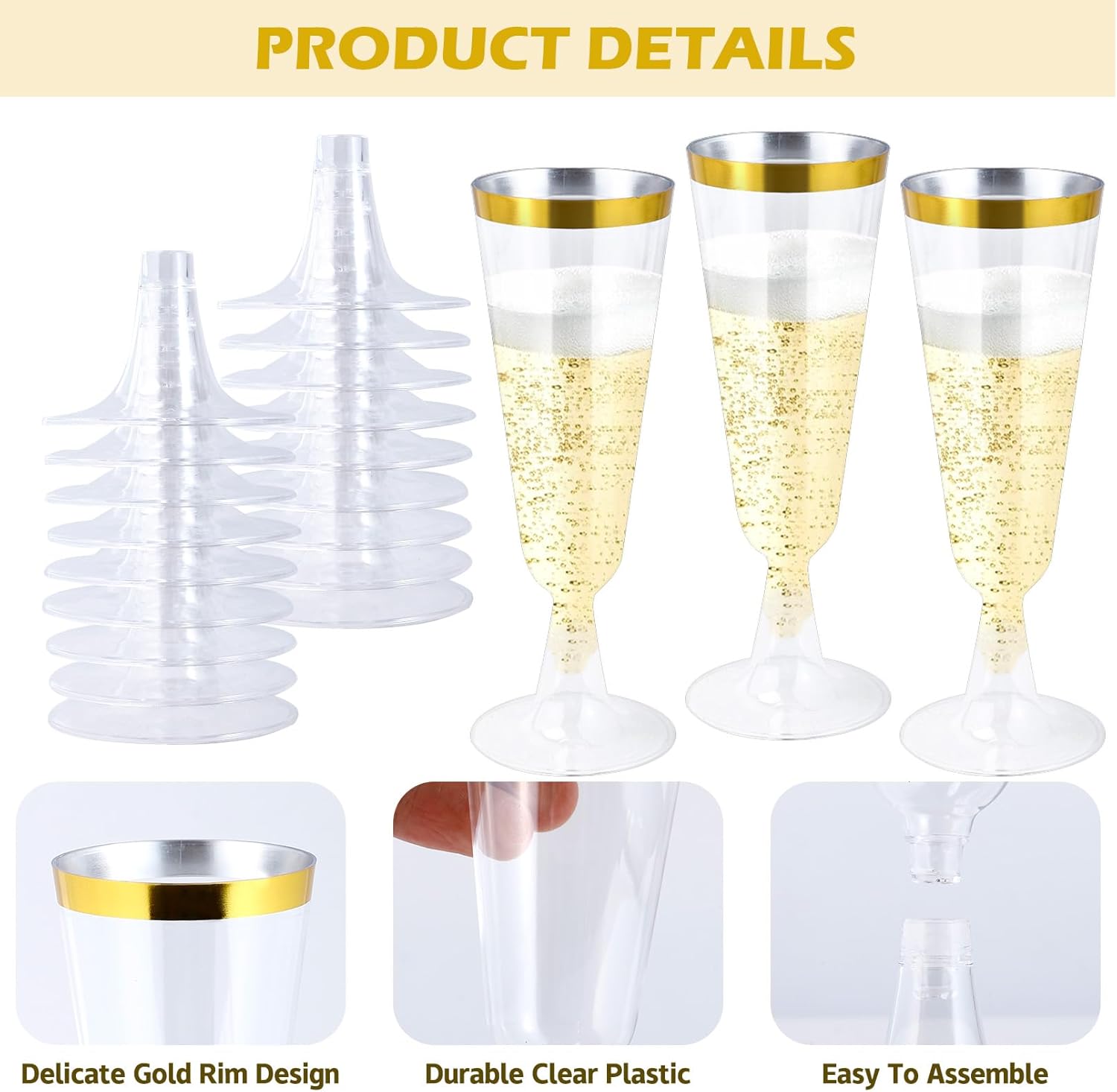 100 Pack Plastic Champagne Flutes, 5 Oz Clear Disposable Champagne Glasses, Cocktail Cups with Gold Rim, Plastic Wine Glass, Disposable Clear Toasting Glasses for Wedding Birthday Party
