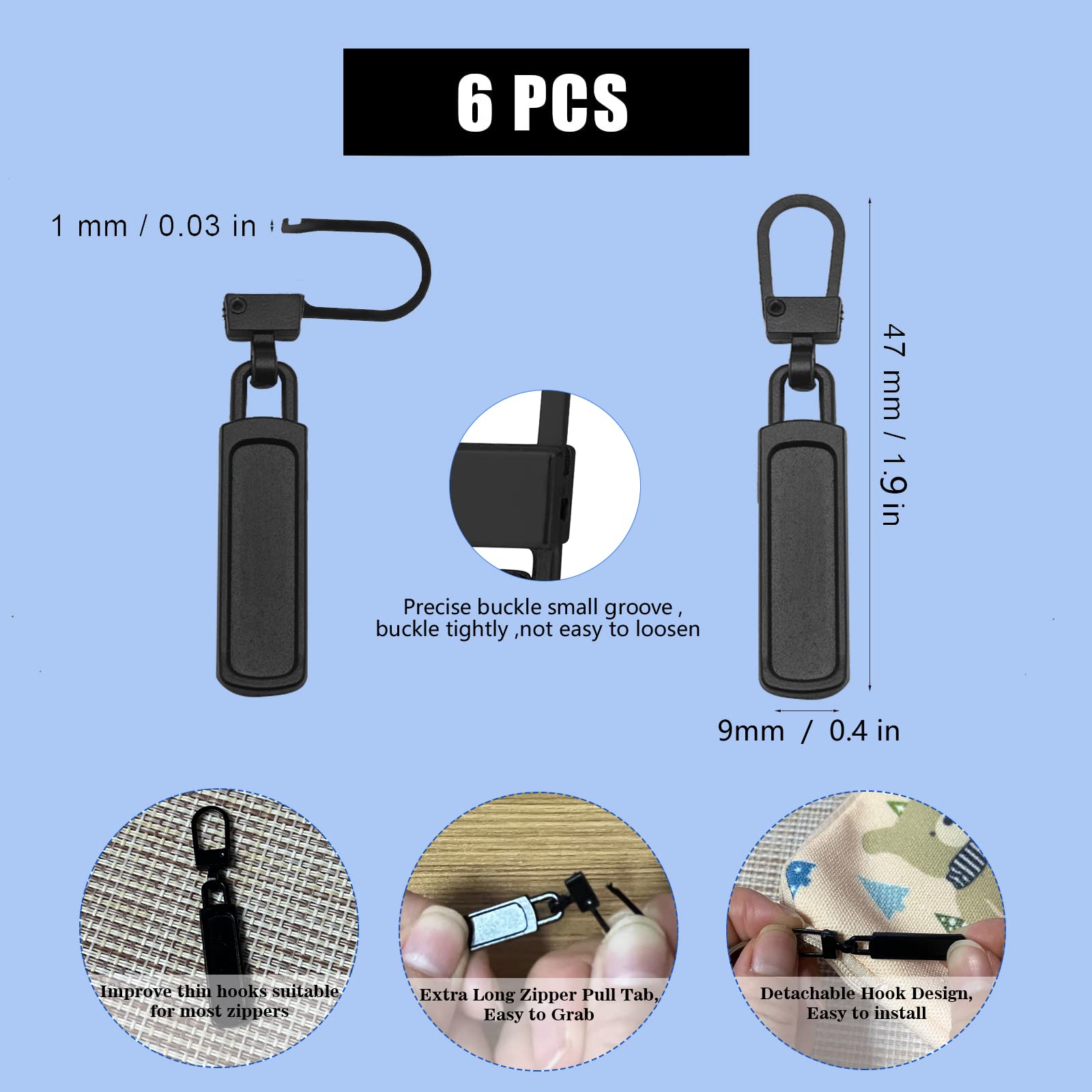 6PCS Black Zipper Pull, Detachable Zipper Tab, Zipper Pull Repair Tab for Pants, Jacket, Luggage, Boots Purse, Backpack - Image 2