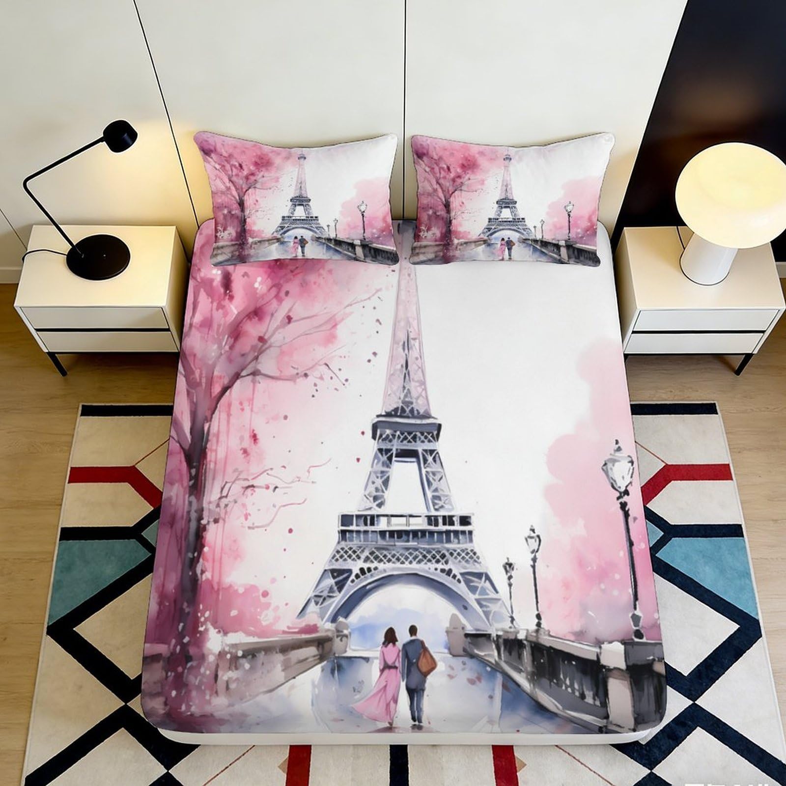 3D Printed Eiffel Tower Paris Fitted Sheet Microfiber Pink Blossom Bed Sheet for Bedroom Dorm Mattress Protection Decor 90x200x25cm