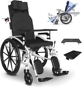 Reclining Wheelchairs for Adults Lightweight Foldable Wheel Chair for Seniors, All Terrain Portable Folding Wheelchair with Elevating Leg Rests, Reclines 90 to 180 Degrees, 300 Lbs Capacity