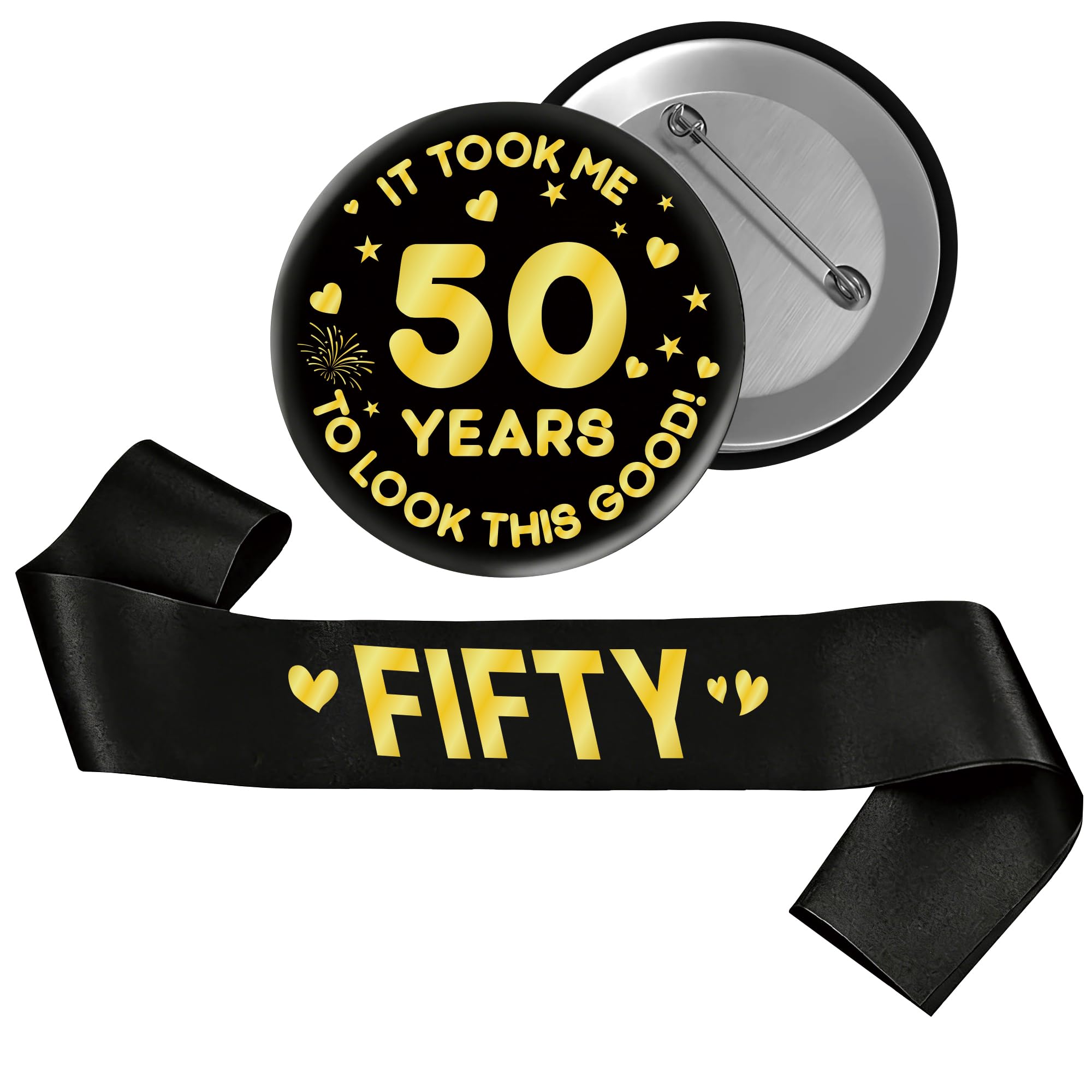 JGIIIJLP 50th Birthday Decorations Men Women - 2 Pcs Fifty Sash It Took Me 50 Years to Look This Good Pin Badge Black Gold Party Supplies Gift for 50 Year Old Birthday Party Accessories