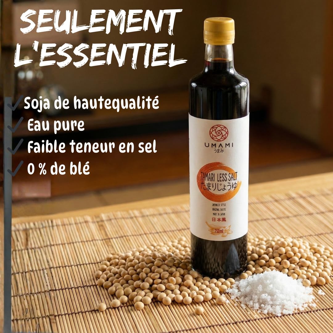Umami Sauce Soja Moins de Sel 750ml - Allégée en Sodium - Fermentation Artisanale en Fûts Kioke - Fabriquée au Japon - Idéale pour Sushi, Cuisine Asiatique et Régimes Pauvres en Sel