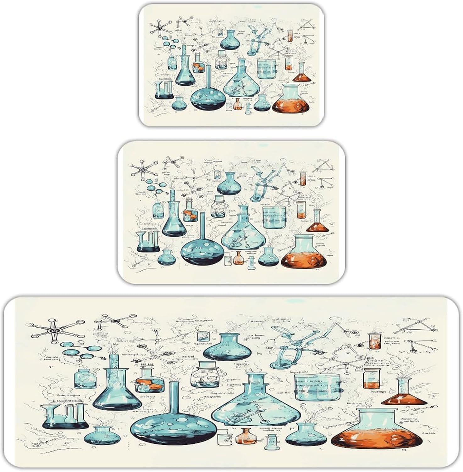 Chemistry Print Kitchen Mat Set of 3 Waterproof Floor Mats Non-Slip Kitchen Rugs Premium Flannel Rug Heavy Duty Standing Mat for Kitchen Home Bathroom Laundry