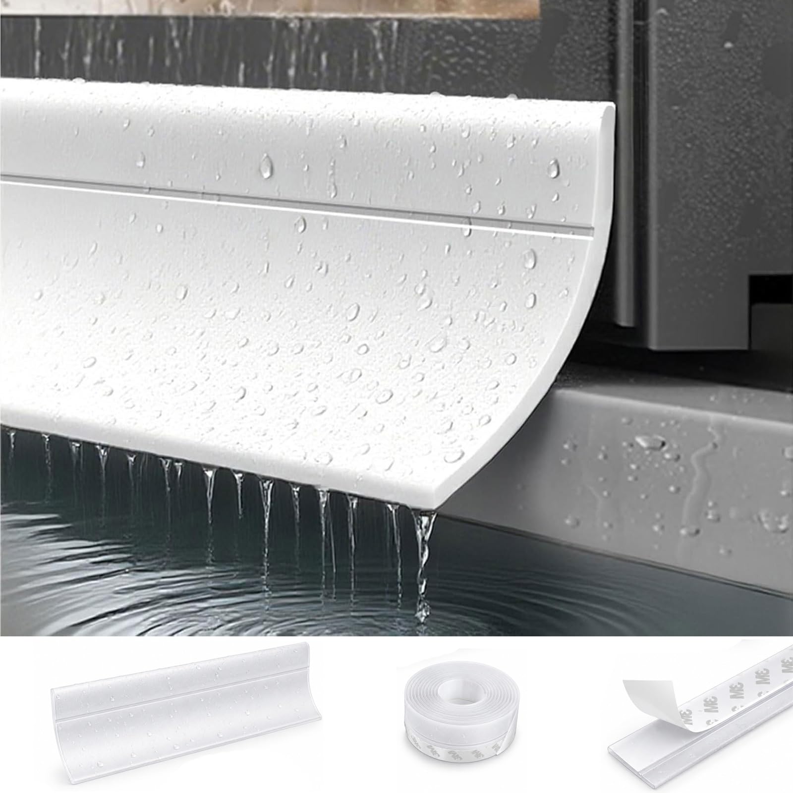 3m/5m/10m Window Outer Edge Rain Shield, Self Adhesive Waterproof Weather Bar for Exterior Doors and Window Sills, Flexible Rain Deflector Drip Guard, 35mm/45mm Width(White,45mm*10M)