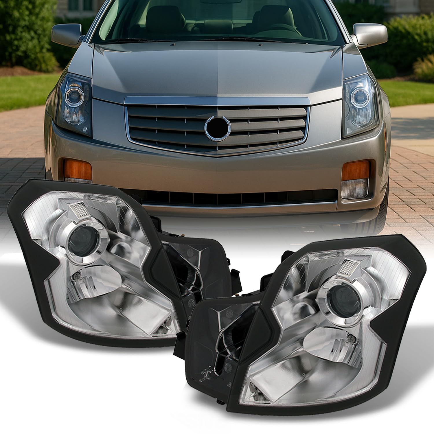 AKKON - For Cadillac CTS Halogen Type Chrome OE Replacement Headlights Driver/Passenger Head Lamps Pair New