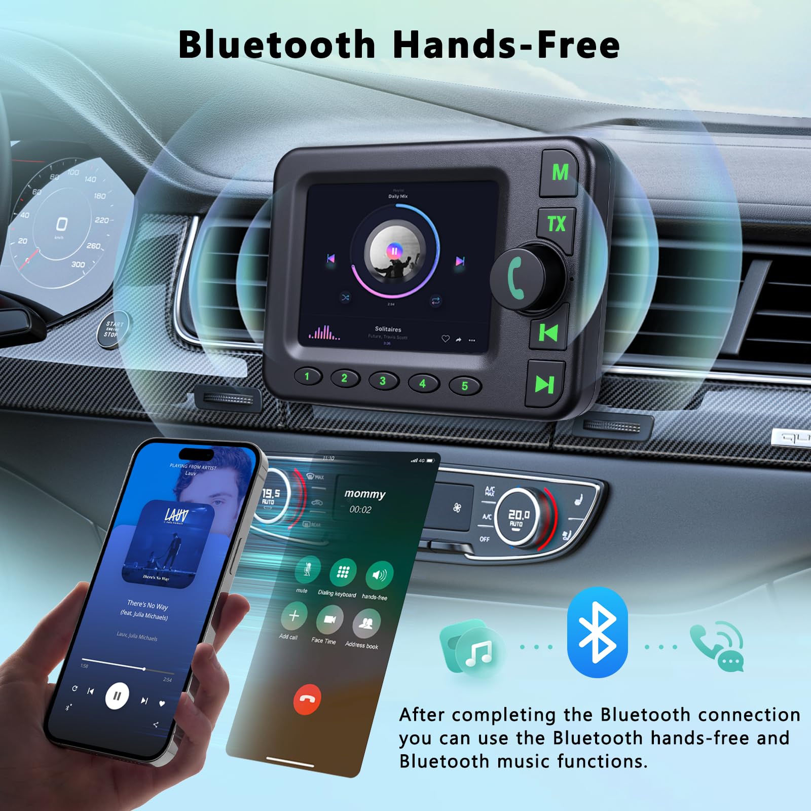 Roinvou Adattatore DAB/DAB+ Portatile per Auto Radio DAB con Display LCD 2,4 Pollici, Vivavoce Bluetooth, Trasmettitore FM, Ingresso AUX, Slot TF