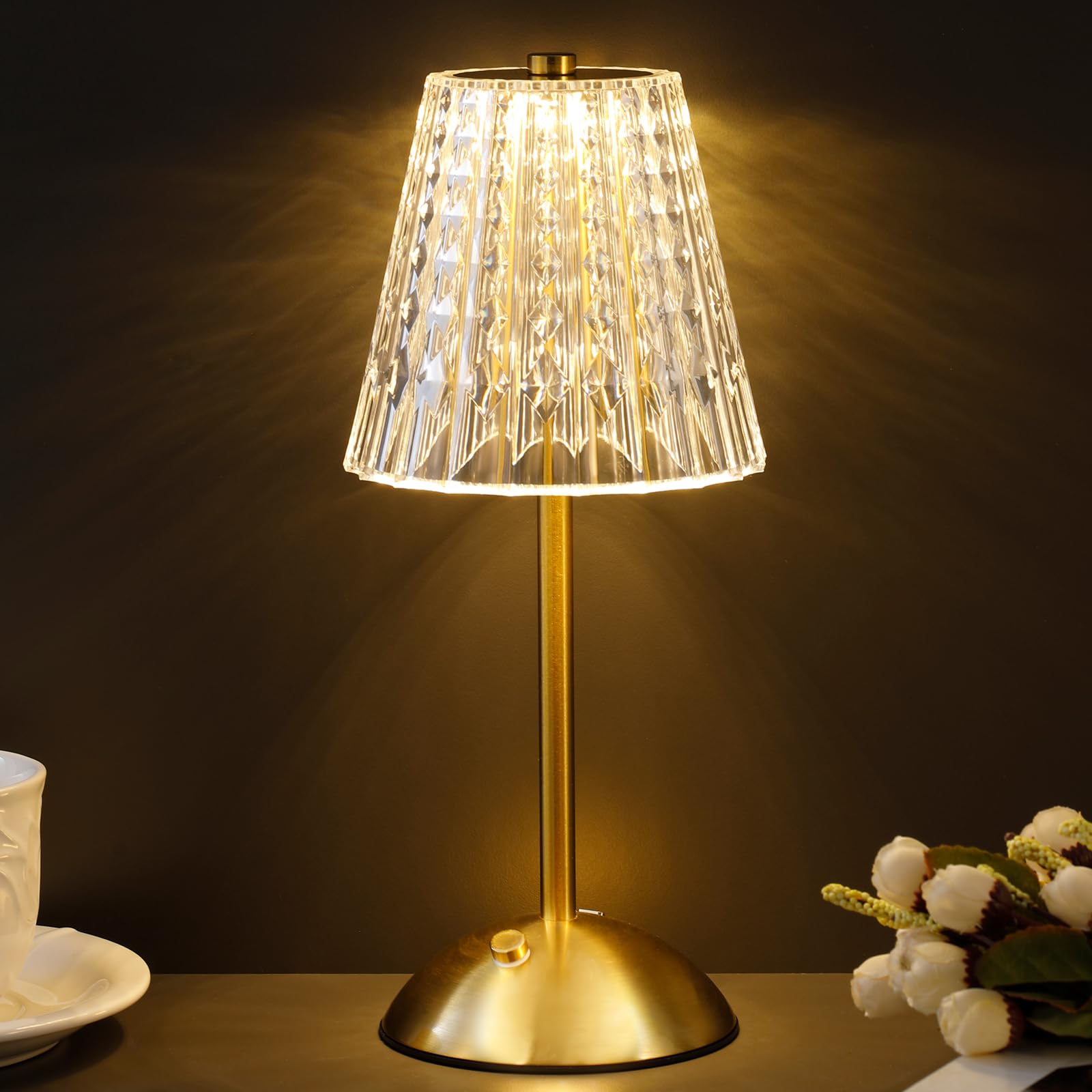 Cordless Table Lamp with Touch Control - 3000mAh Rechargeable, Small Crystal 3-Color Dimmable Ambient Light for Dining Table, Bedside, Kitchen, Entryway, Bathroom, Restaurant, Gifts