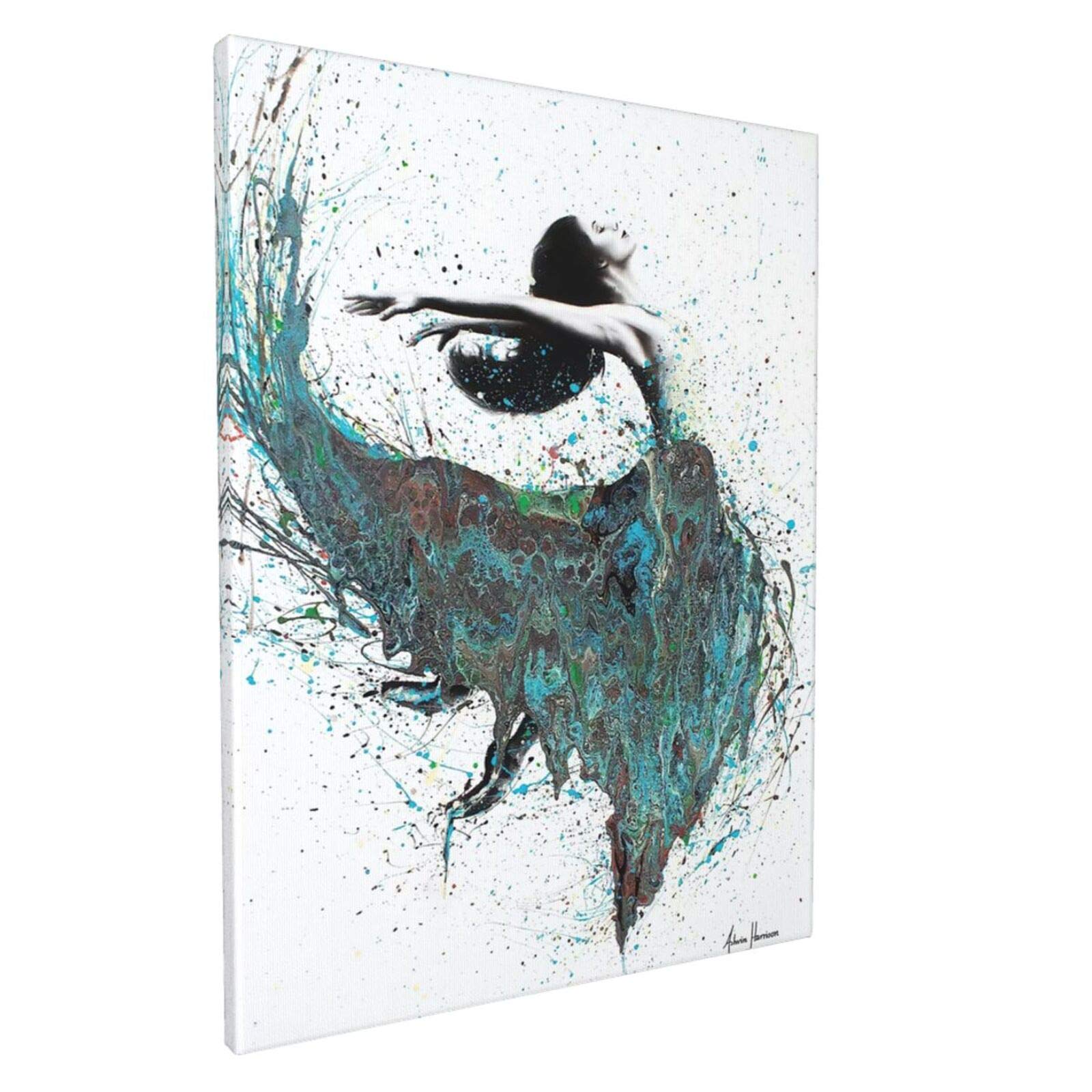 Ballet Dance Girl Wall Art Decor Flying Skirt Cyan Dancing Girl Modern Abstract Canvas Prints Pictures Giclee Printed For Fashion Women Or Girl Bedroom Living Room Dance Studio Children'S Room Framed Ready To Hang (12x16 Inch)