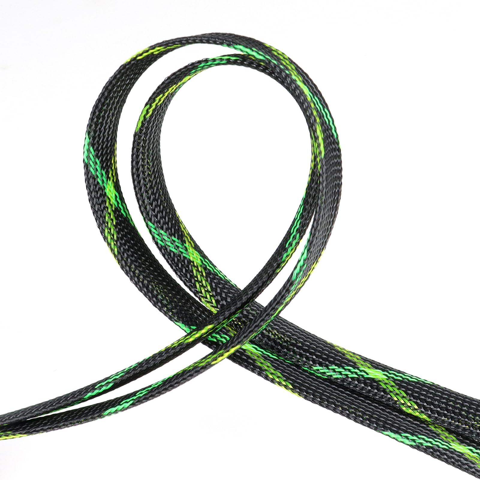 Braided Cable Sleeve, 33ft Expandable Wire Loom for Automotive Wiring Harness & PC Case, Pet-Proof Chew Resistant Cord Protector, Flexible Cable Management (Black-UV Green-UV Yellow, 6mm (1/4"))