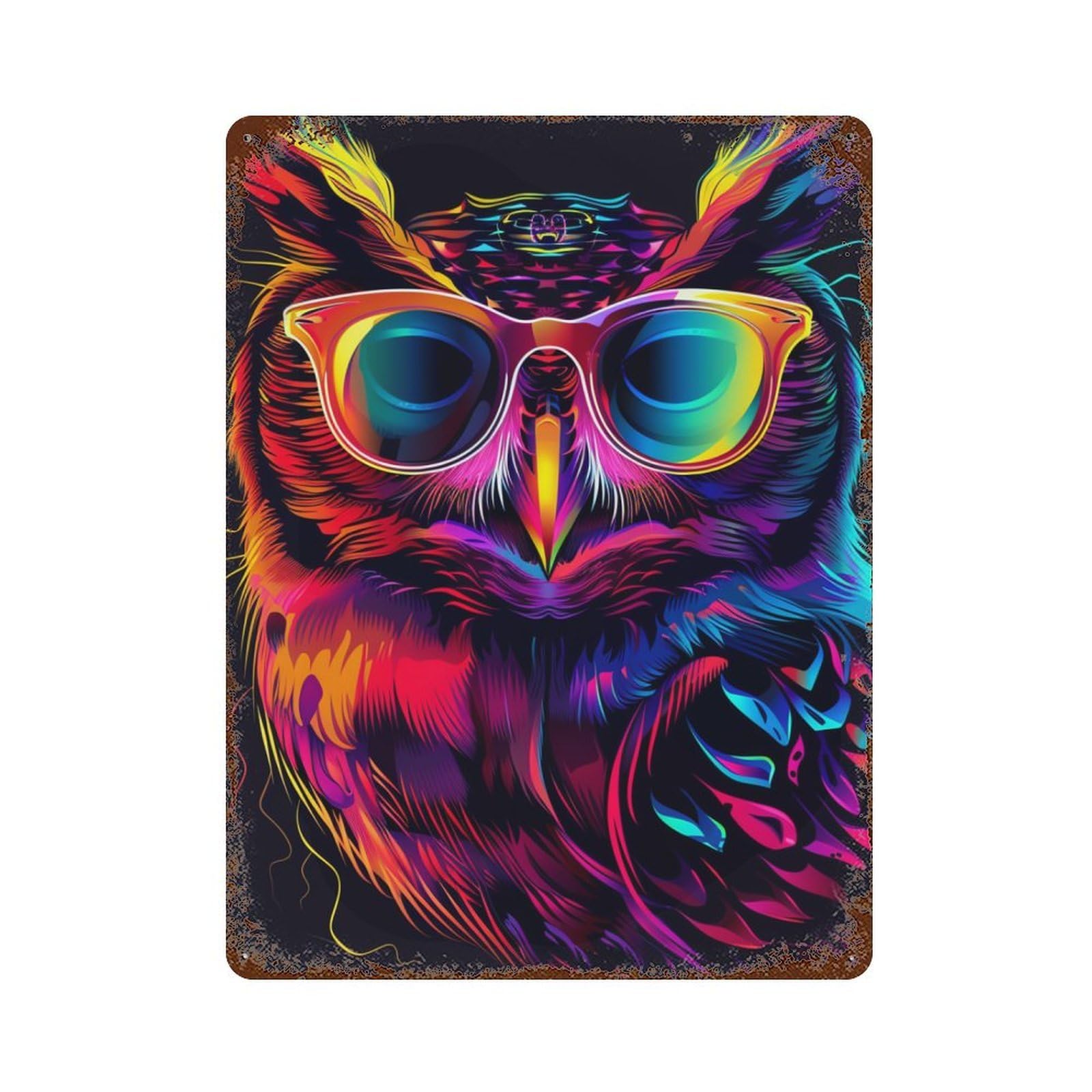 Colorful Neon Owl Art Print-2 Rusty Metal Tin Sign 15.7"x11.8", Rustic Home Decor for Garage, Pub Or Kitchen