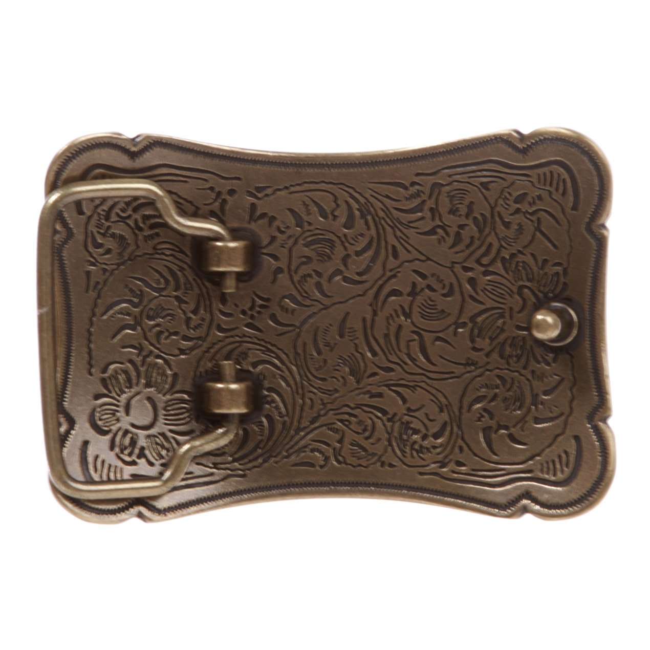 Western Solid Brass Engraved Rectangular Belt Buckle, Antique Brass