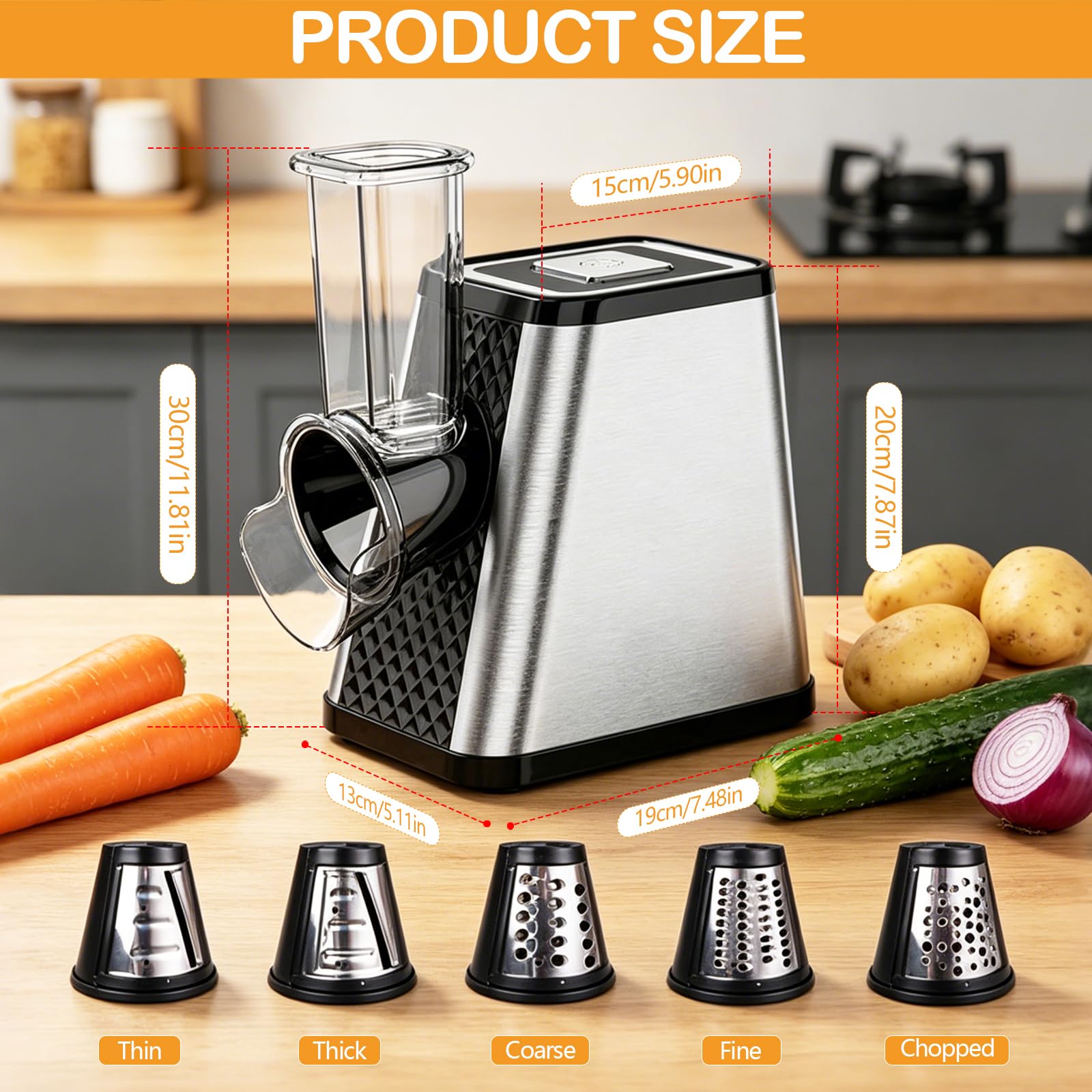 Cortador de Verdura, Cortador de Verduras Eléctrico 5 en 1 con 5 Cuchillas de Acero Inoxidable Rallador de Verduras Multifuncional de 800 W para Queso Duro Zanahorias Pepinos Patatas Repollo