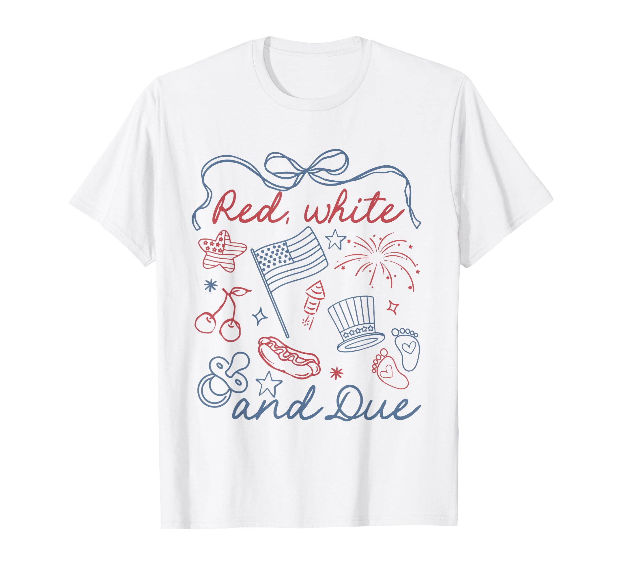 Coquette Bow Red White and Due 4th of July Pregnancy Reveal T-Shirt