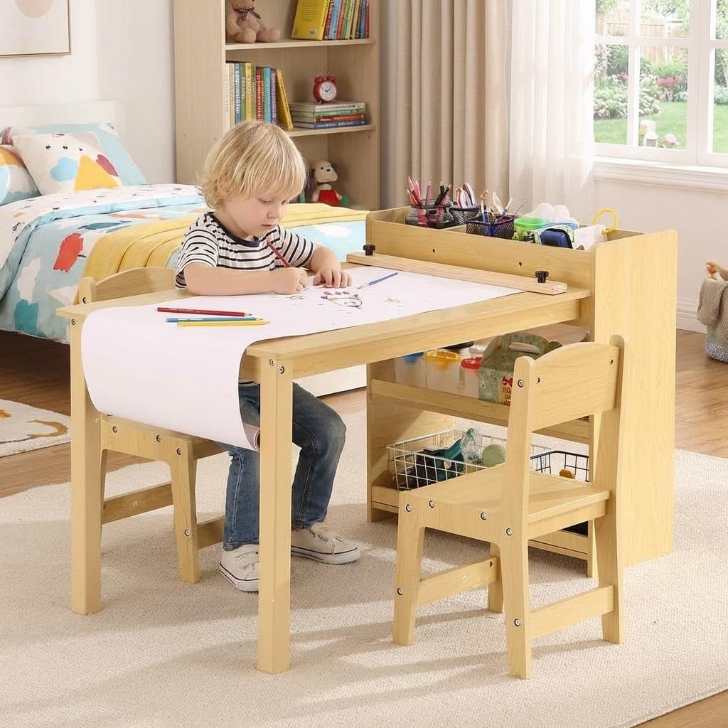 Aptliton Kids Wooden Desk and 2 Chairs Set, Multifunctional Toddler Activity Table with Storage Shelves & Paper Roller, Rounded Safe Edges, Perfect for Craft, Drawing & Playroom Furniture