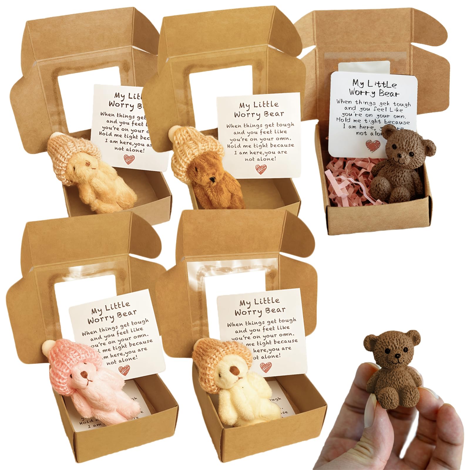 HEUIOP 5 PCS Worry Bear, My Little Worry Bear in a Box with Inspirational Cards, Pocket Gift for Family Friend, Coworkers