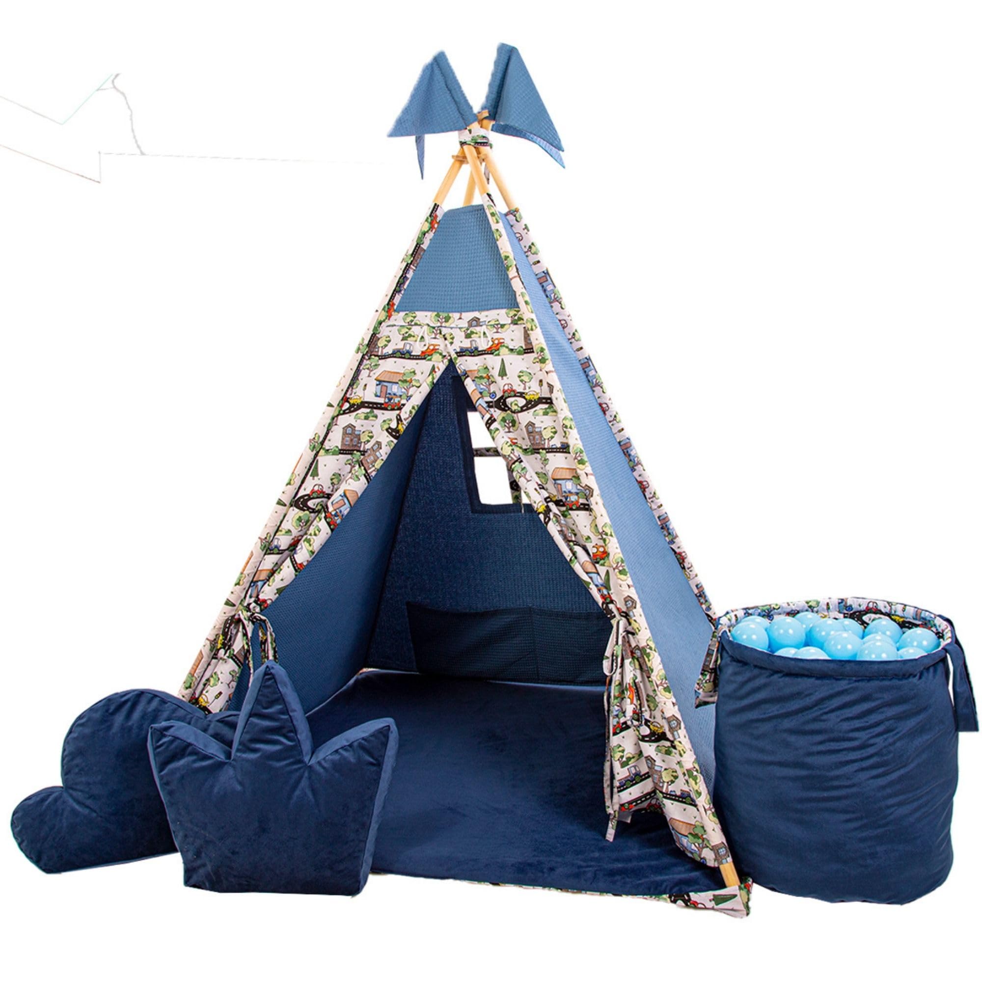 GOLDEN Kids Tent Teepee with Floor Mat, Cushions & Balls - Teepee Tent Children's Room - Tippi Children's Tent Boy - Teepee Tent for Children - Playhouse Children Indoor - Indoor Play Equipment - Cars