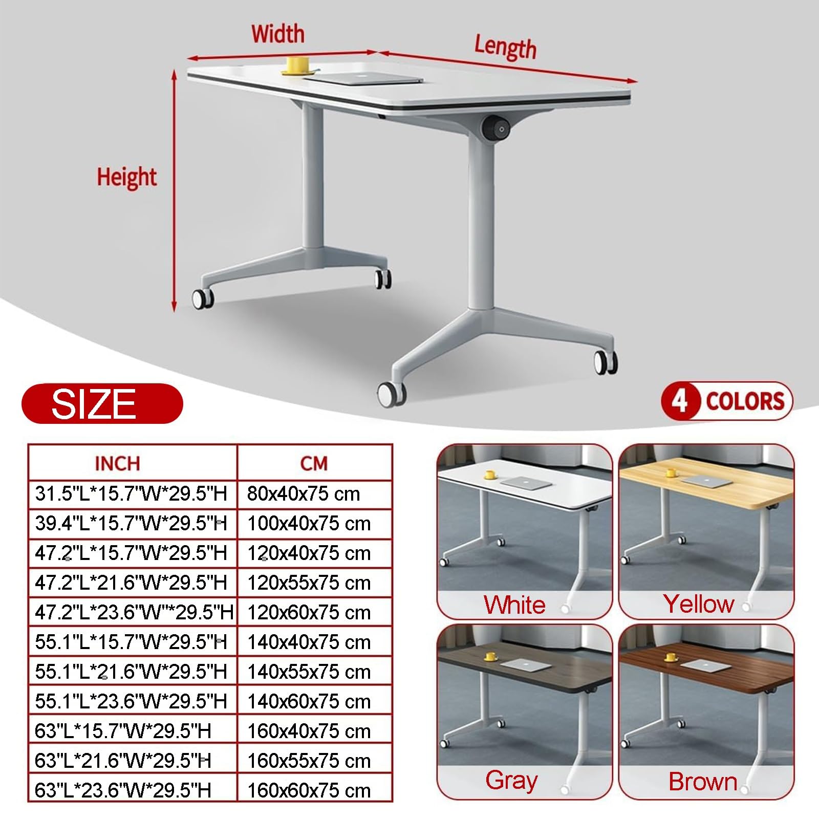 Tavolo da conferenza pieghevole con ruote, giallo, per riunioni, 100 x 40 x 75 cm, design portatile per una facile installazione e risparmio di spazio