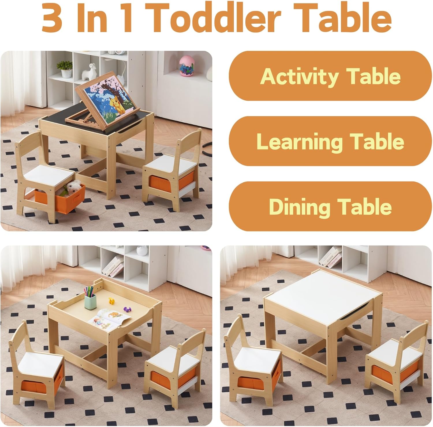 Karl home 3 in 1 Toddler Table and Chair Set, Activity Table with Storage, Wood Kids Desk Chair for Kids 1-3 Years Old, Craft Table, Playroom, Living Room, Natural Wood