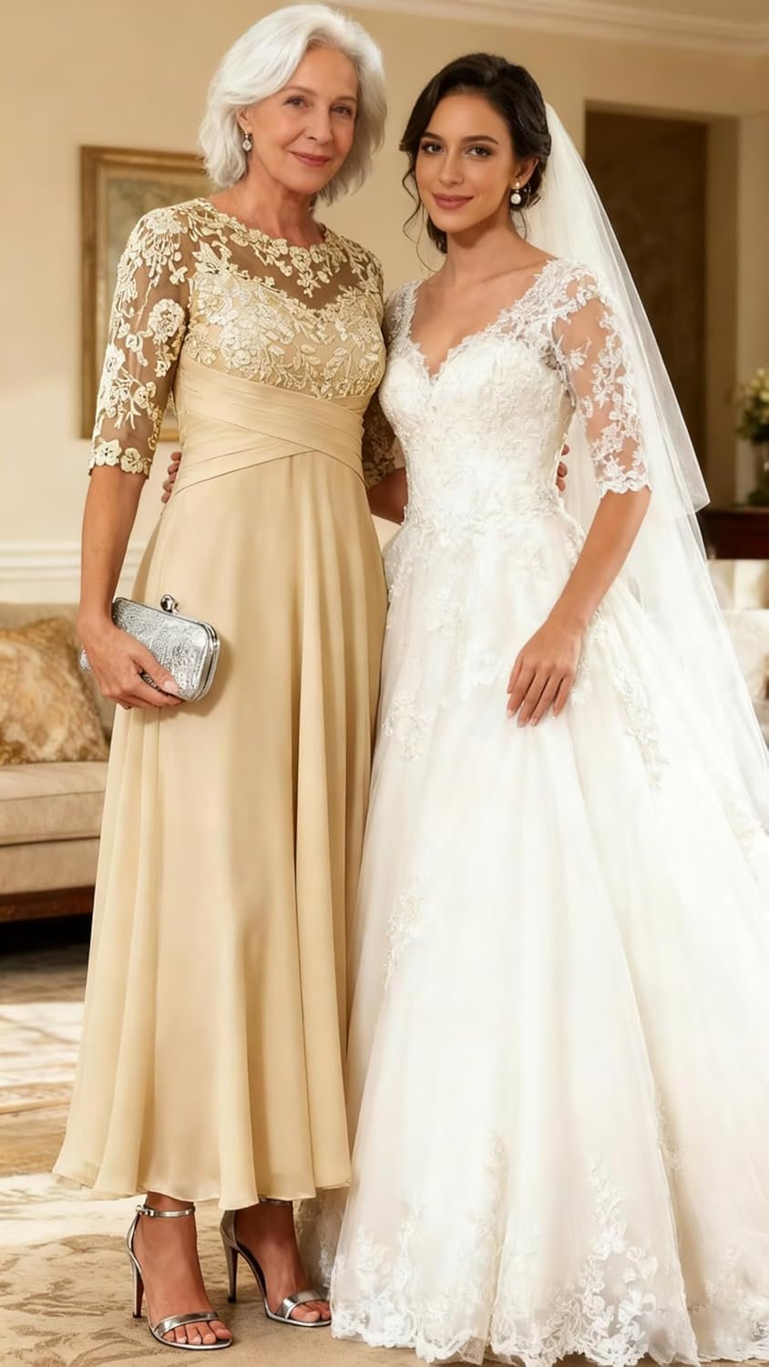 Chiffon Mother of the Bride Dresses for Women Tea Length Short Sleeve Lace Appliques Wedding Dresses for Guest