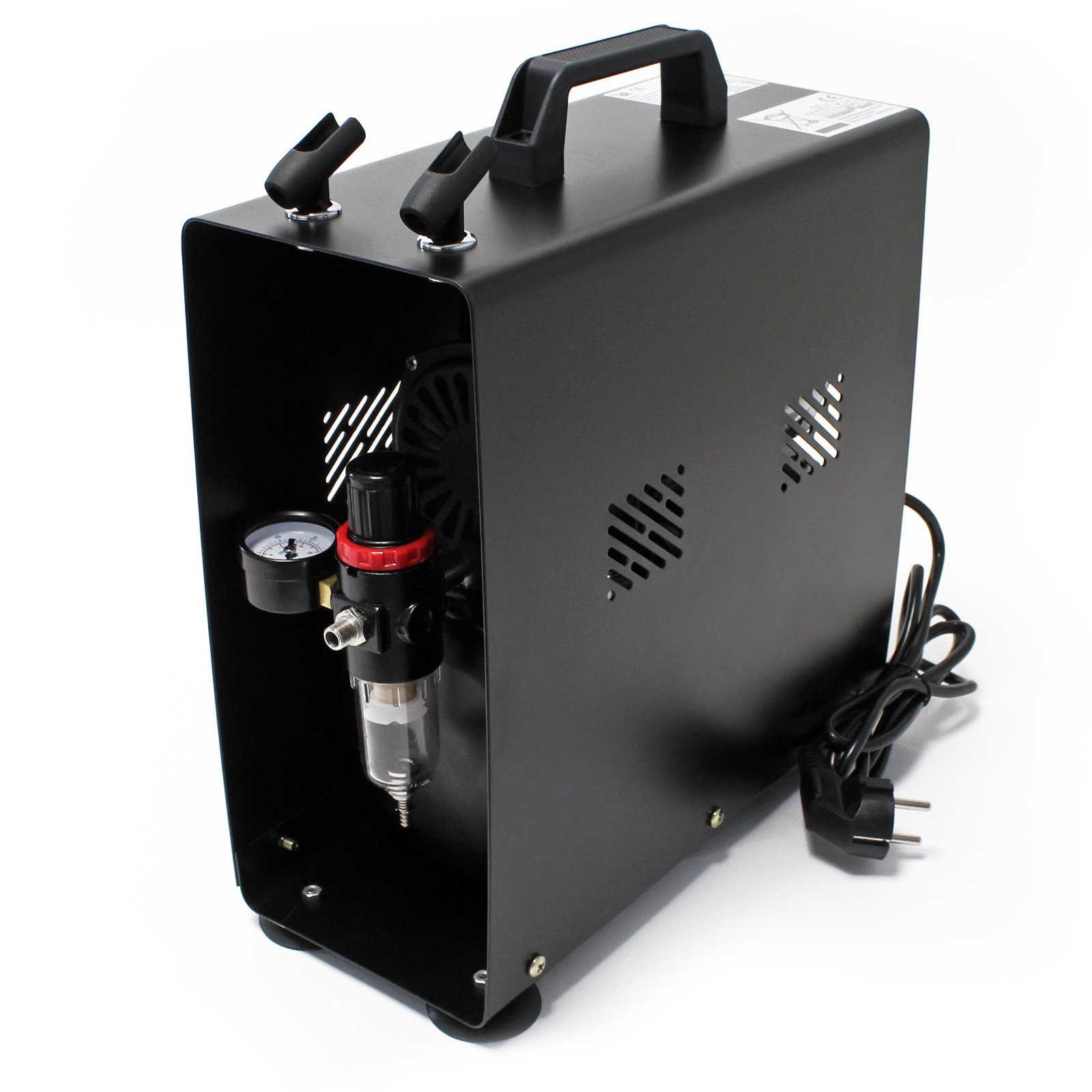 Wiltec airbrush zuigercompressor AF196A airbrushcompressor met 2 cilinders en luchttank voor werking tot 6 bar met manometer