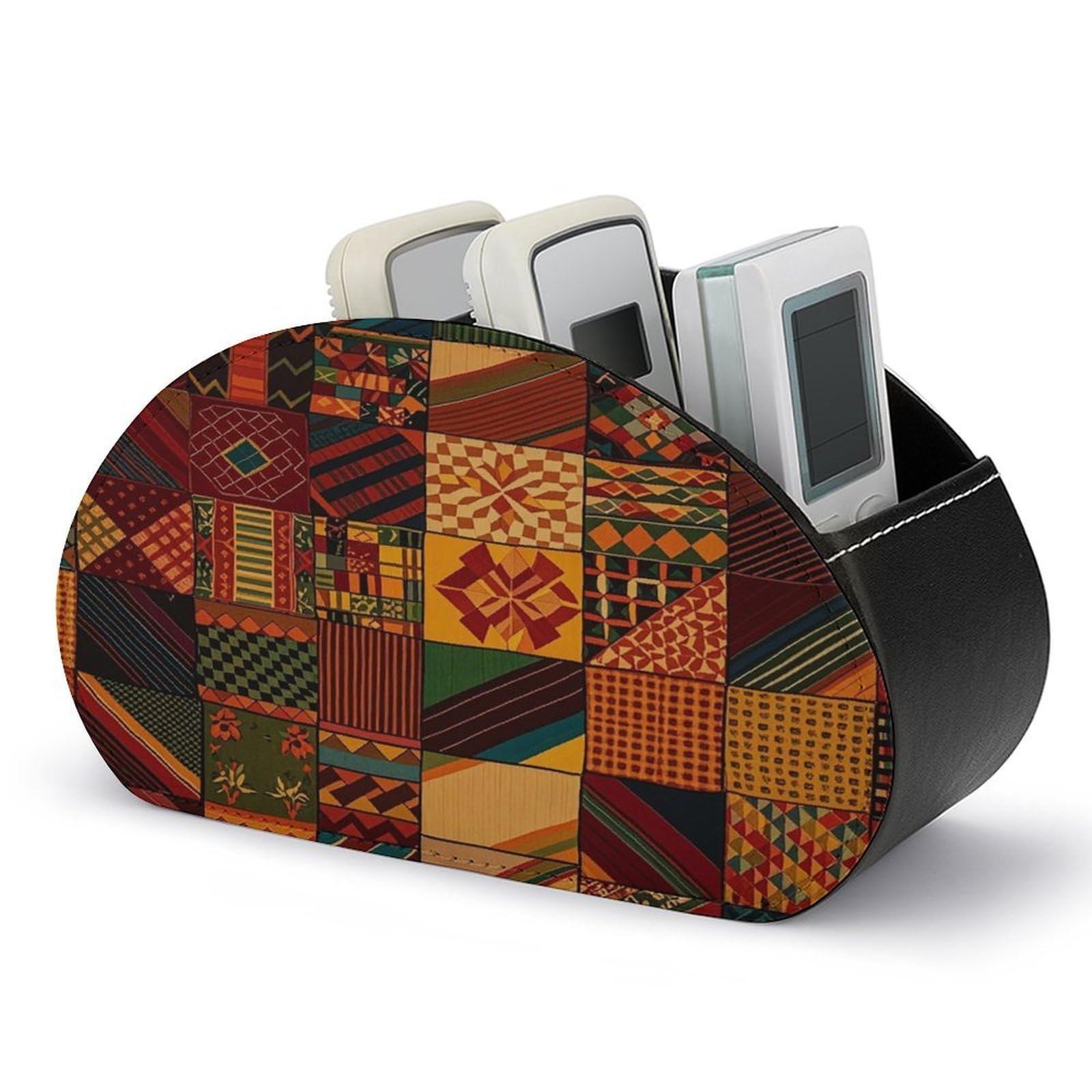 FekiLoot African Style Patchwork TV Remote Control Holder with 5 Compartments Multi-functional Leather Bedside Table Remote Caddy Desktop Storage Box for Store Pen Controller Media Player Cosmetic