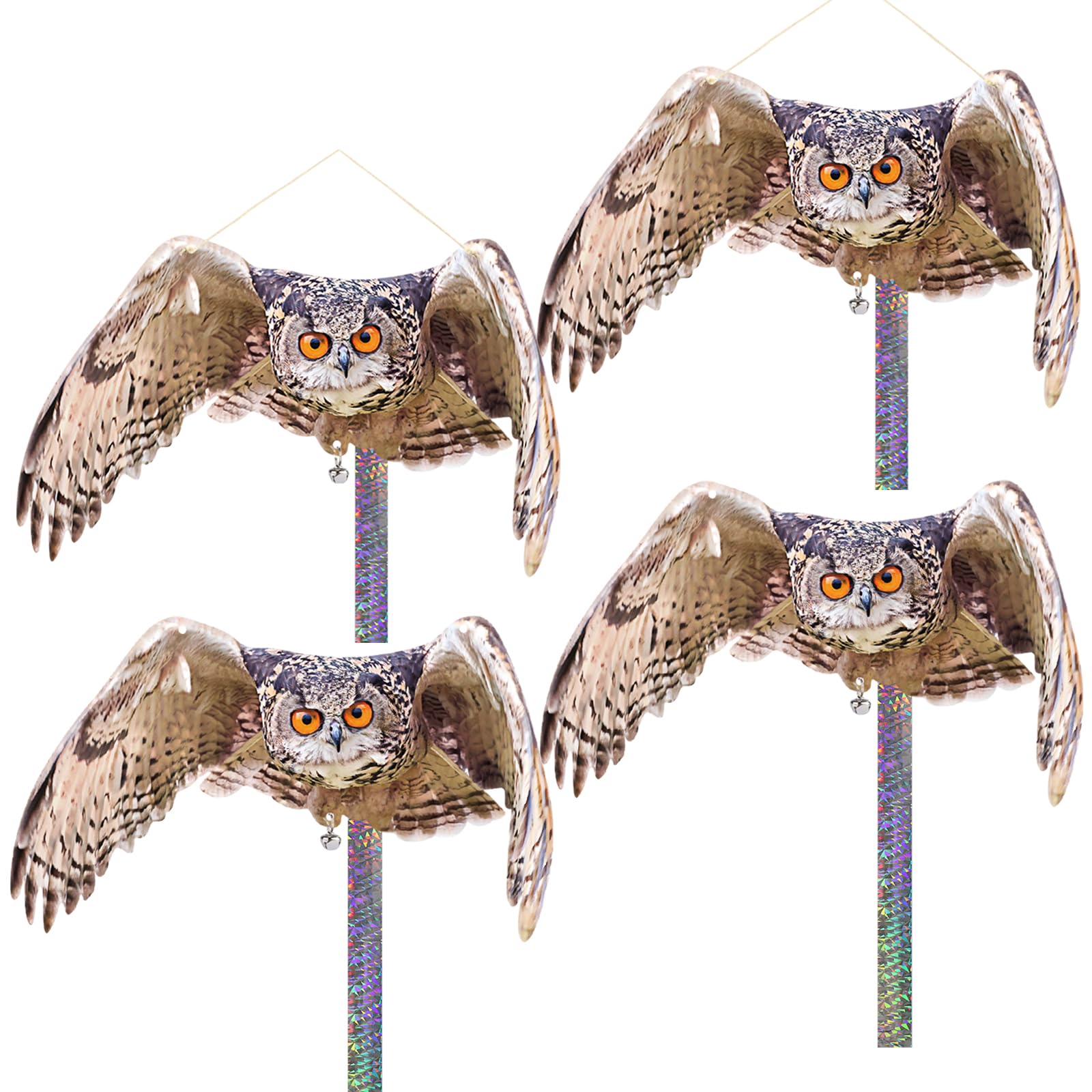 Pigeon Deterrent, 4PCS Bird Scarers for Gardens Bird Scarer with Reflective Tape Hanging Flat Fake Owl Decoy to Scare Birds Away Plastic Owls to Keep Birds Away from Patio Porch Tree Roof Window