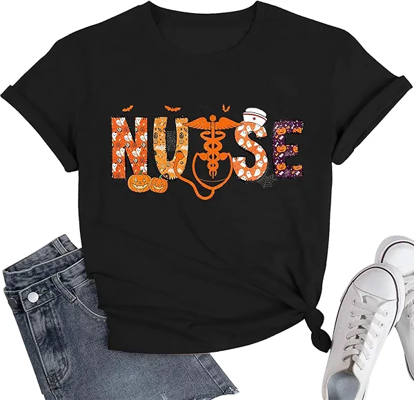 Nurse Halloween Shirt Women Tie Dye Shirt Halloween Pumpkin Nurse Tshirts Happy Halloween Tee Tops