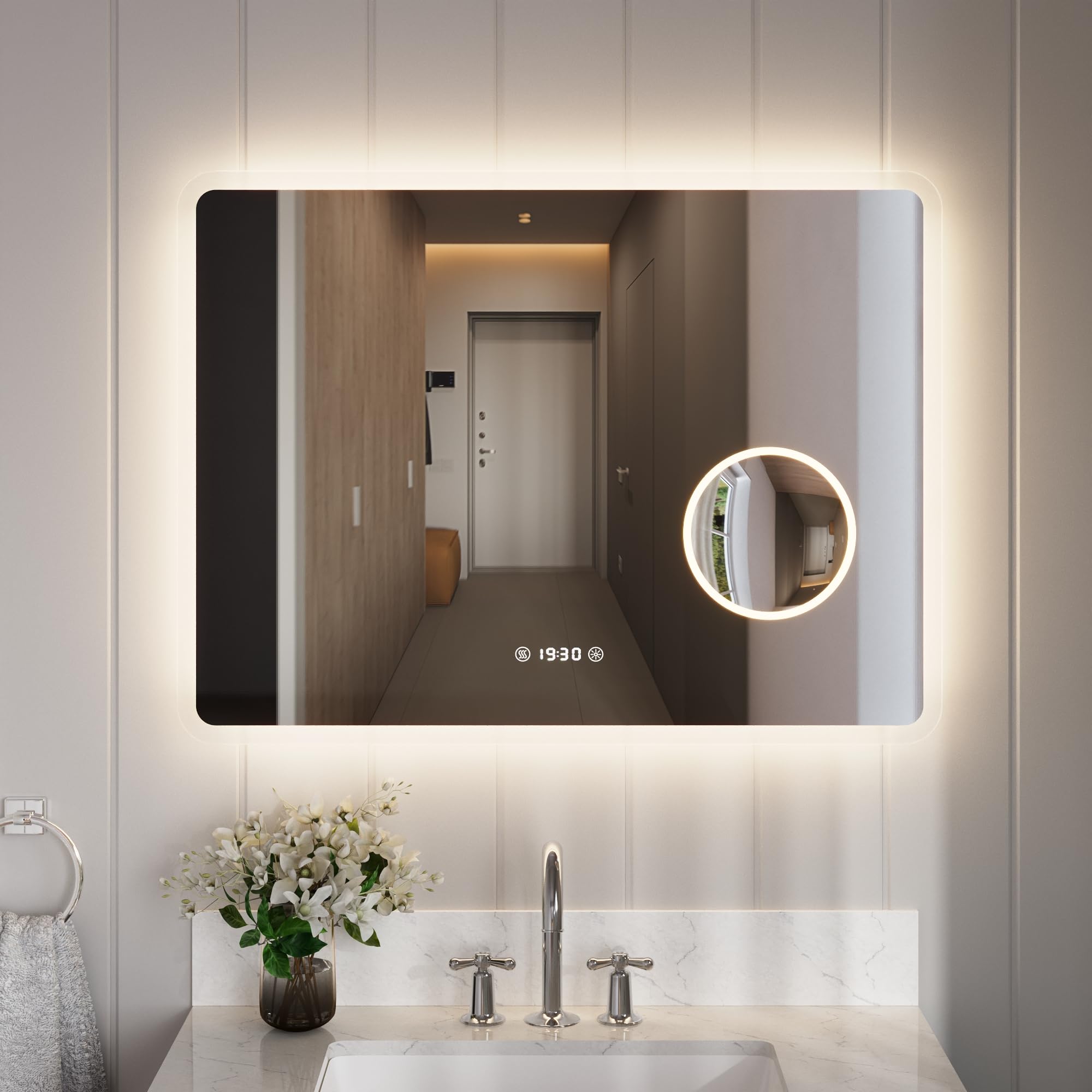 DeerValley Bathroom Mirror with LED Lights, Wall Mirror with Bluetooth,3 Colors Dimmable Touchable with Digital Clock, 3X Magnifying Mirror, Dual Lighting (Backlit+Frontlit), Anti-Fog (80 * 60)