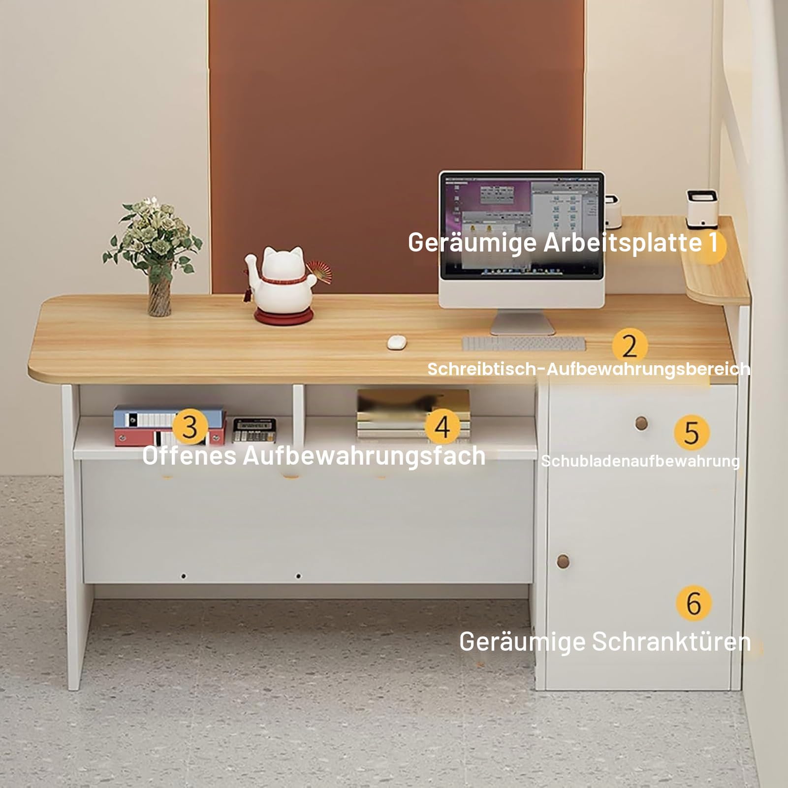 Empfangstheke mit Schreibtisch, Rezeption Schreibtisch mit Schubladen und Ablageflächen Empfangstresen, Laden-Theke Bürotheke Rezeption Tisch(Walnut/Right,120x100x45cm)