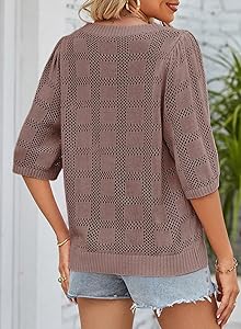 Dokotoo Women's Casual Short Sleeve Loose Tunic Tops Lightweight Crochet Knit Summer Sweaters Blouses