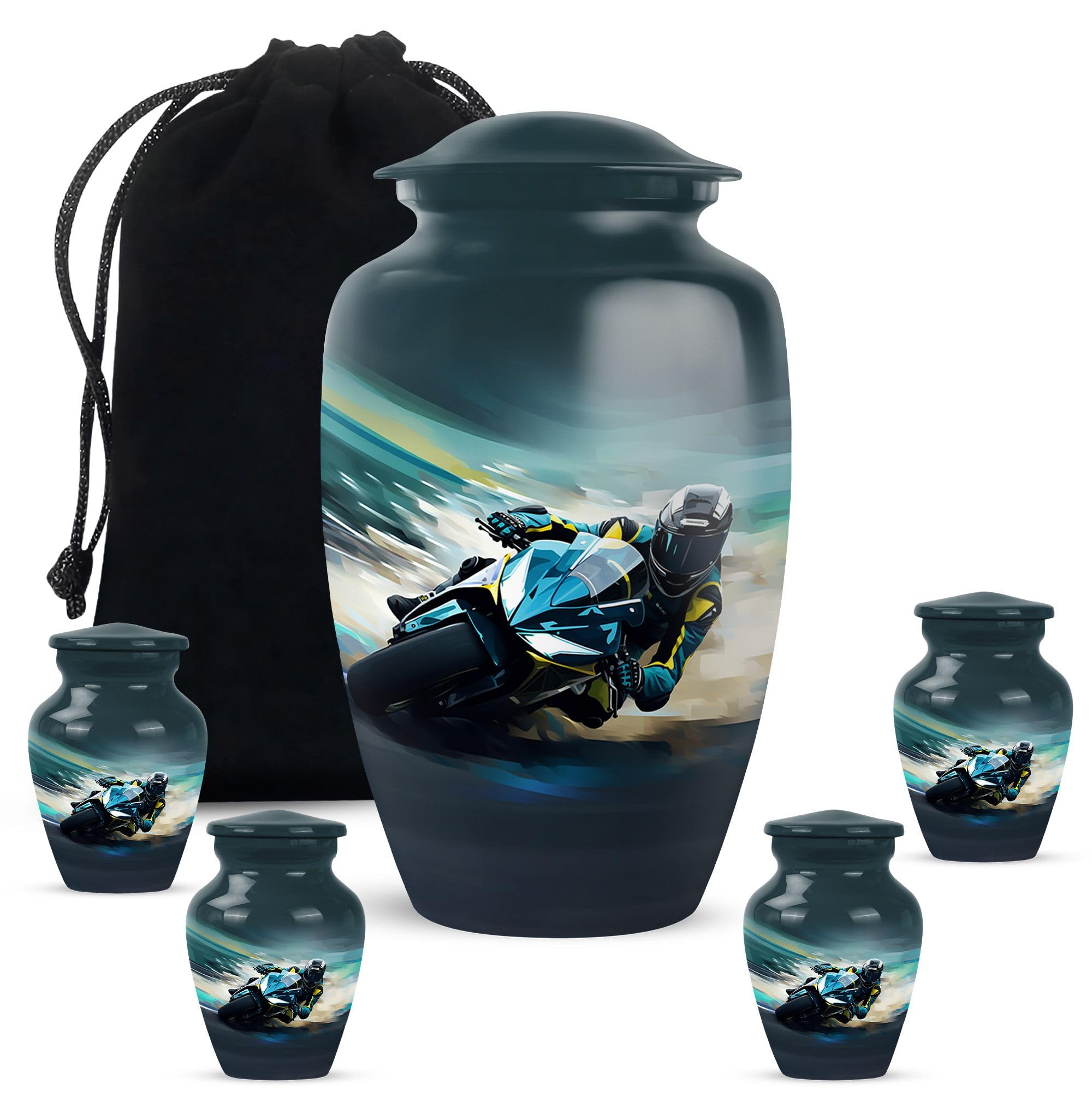 Bike Theme Cremation Funeral Urn for Human/Pet Ashes, Keepsake Memorial Tribute, Beautiful Handmade Small Urns for Ash, Combo, 1 Large 10 Inch & 2 Mini 3 Inch