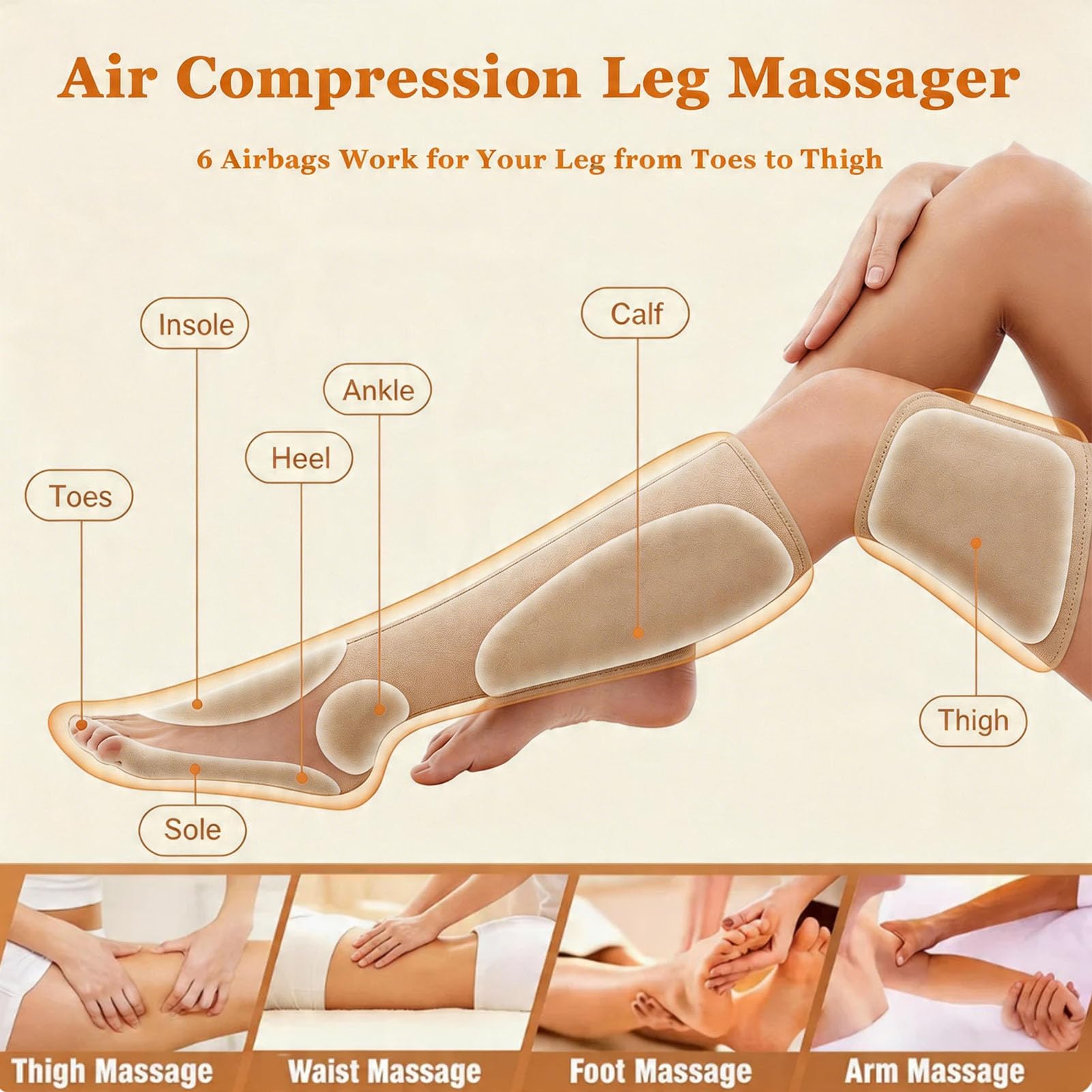 Appareil de Pressothérapie, 6 Chambres, Drainage Lymphatique, Jambes, Ventre et Bras, Pression Réglable 0-240mmHg, Minuteur 0-30 Min (XL, 2legs + waist)